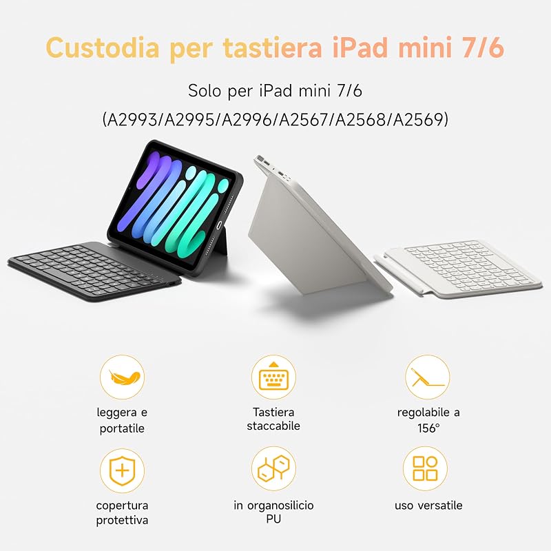 HOU Bluetooth Billentyűzetes Tok iPad Mini 6 (2021) 8.3" Tablethez - 150° Mágnesesen Levehető, Ütésálló Védőtok USB-C Töltéssel, Fekete