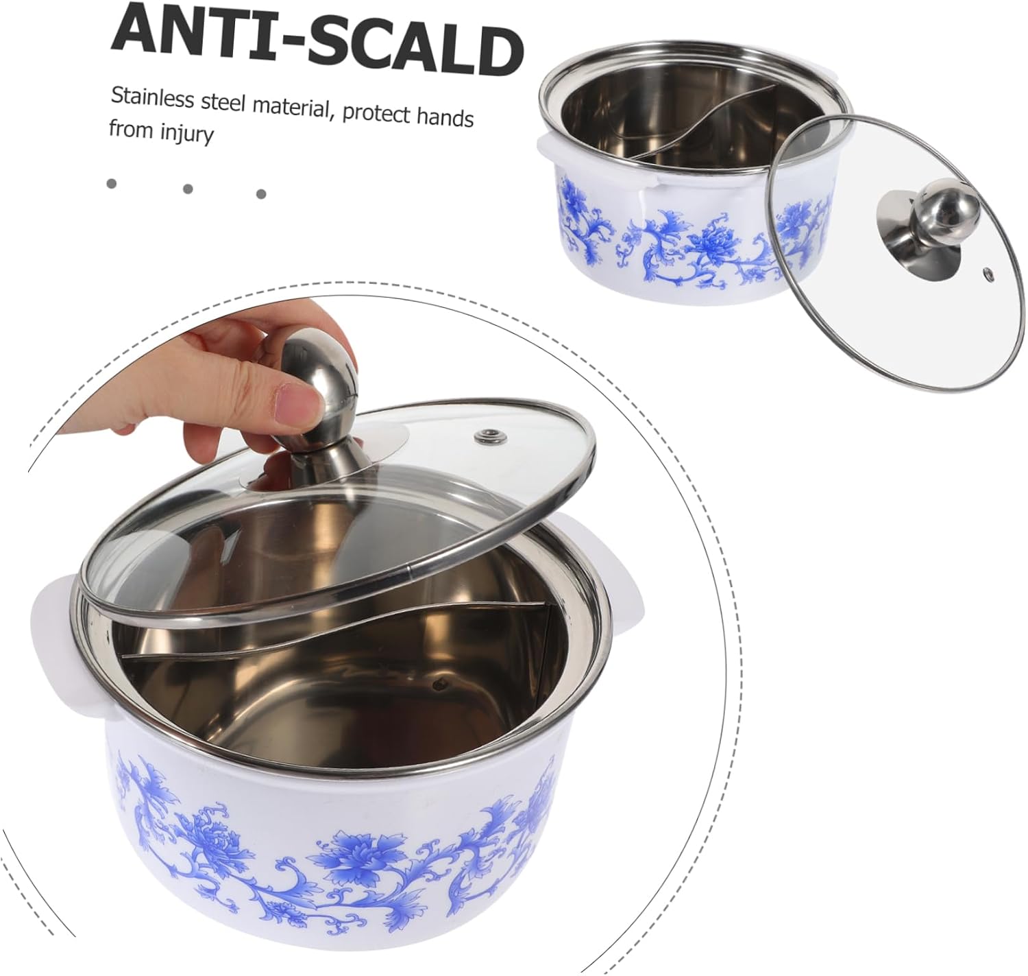 LIFKOME Stainless Steel Induction Hot Pot with Lid Small Divided Soup Pot for Cooking for Single Serving Floral Design Suitable for Induction Cookers and Stoves