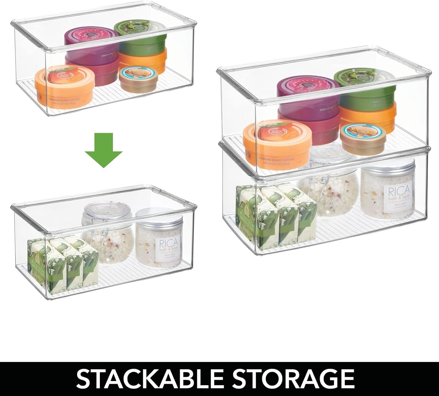 mDesign Stackable Plastic Bathroom Storage Box, Hinge Lid, Container for Organizing Soap, Body Wash, Shampoo, Conditioner, Hand Towels, Hair Accessories, Lumiere Collection, Clear