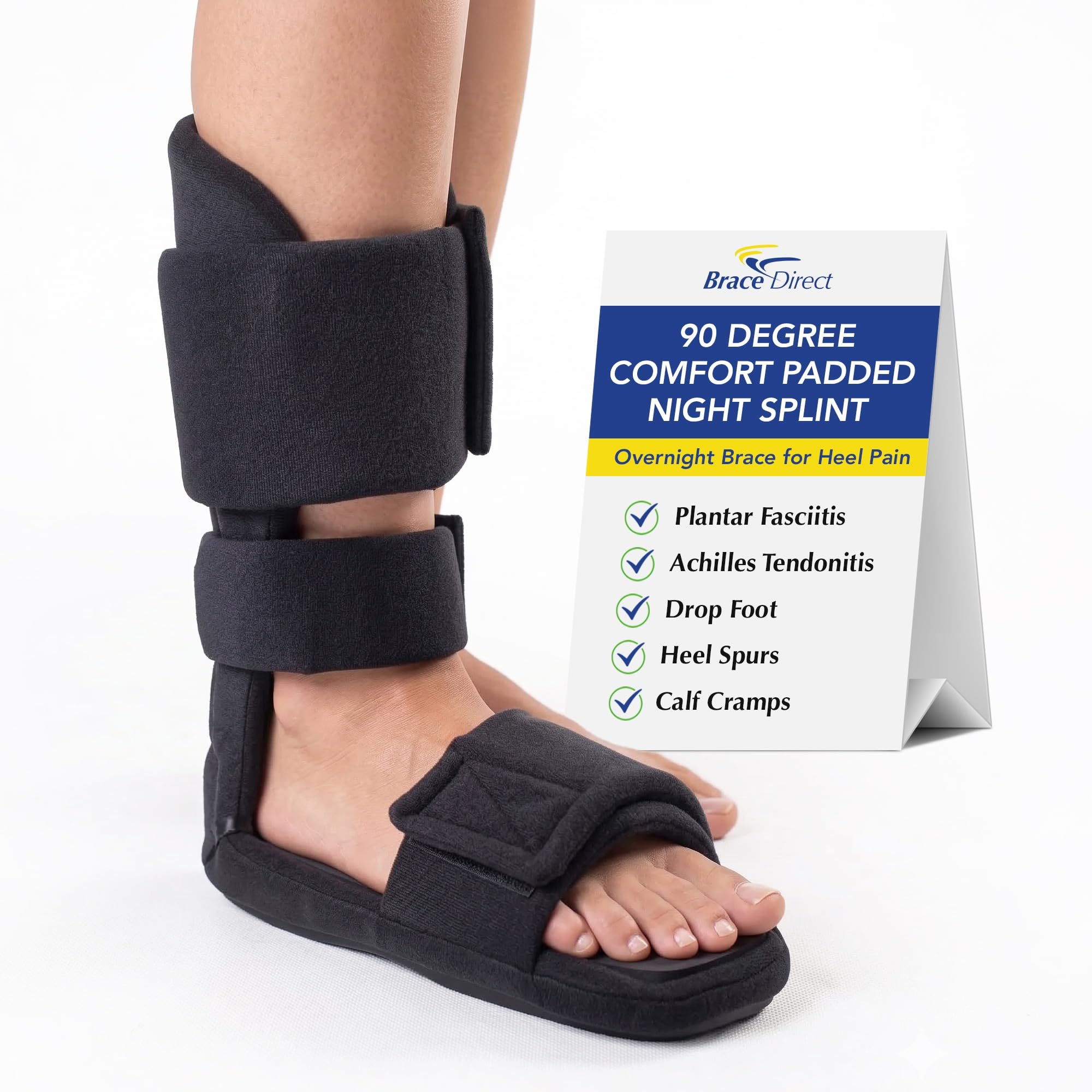 Brace Direct Férula nocturna acolchada cómoda de 90 grados, soporte de estiramiento para fascitis plantar, pie caído, tendinitis de Aquiles y dolor en el talón, mediano (EE. UU. zapatos de hombre 7.5