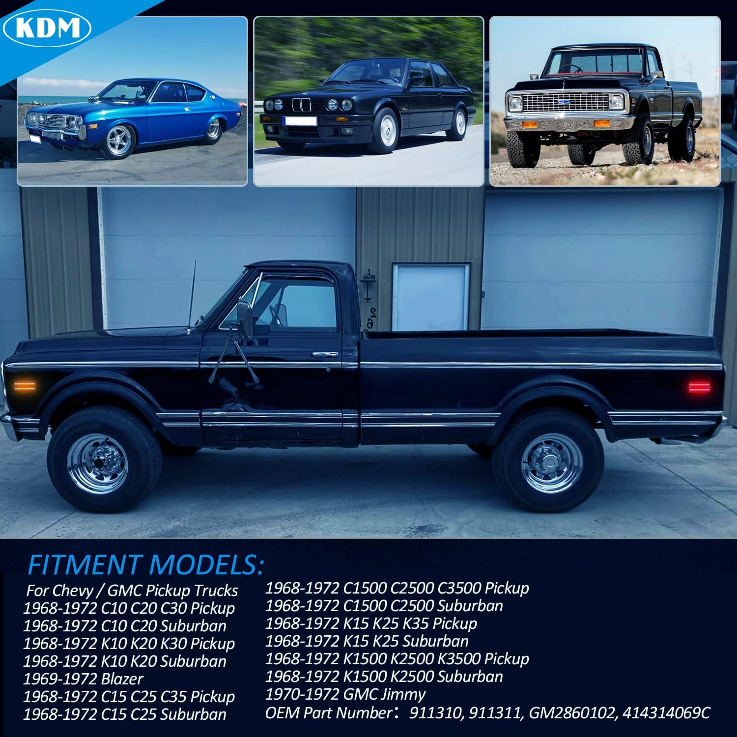 KDM LED Bumper Side Marker Reflectors Lights,Fit for 1968-1972 Chevy GMC C10 C20 C30 K10 K20 K30 C1500 C2500 C3500 K1500 K2500 K3500 Blazer,Front & Rear Side Marker Lights,Amber & Red Lens 4Pack