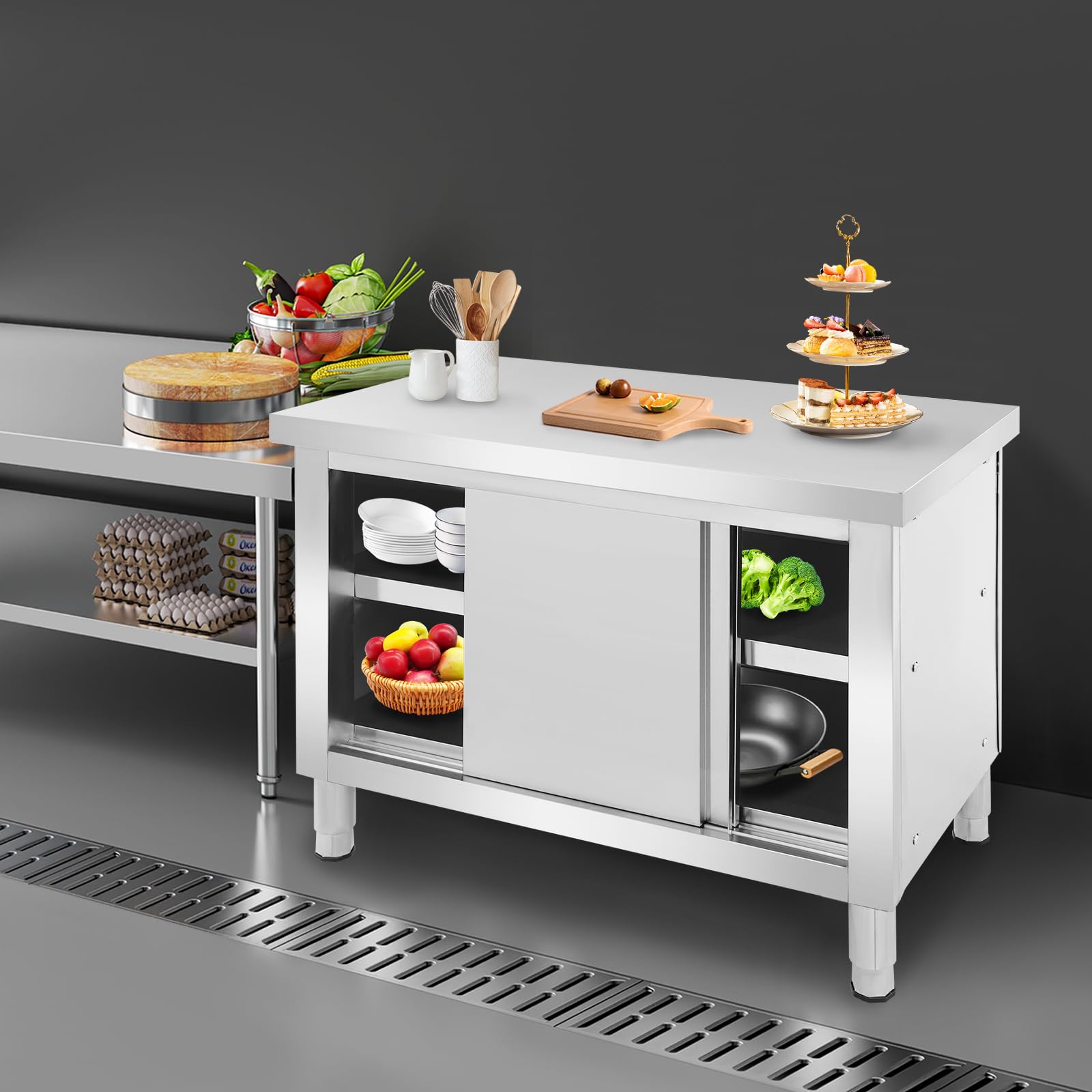 Edelstahl Schrank mit Schiebetüren, Outdoor Küche Edelstahl Tisch Gastro, Freistehender Arbeitsschrank Küchenarbeitstisch für Restaurant, Garage und Küche (100 * 60 * 80cm)