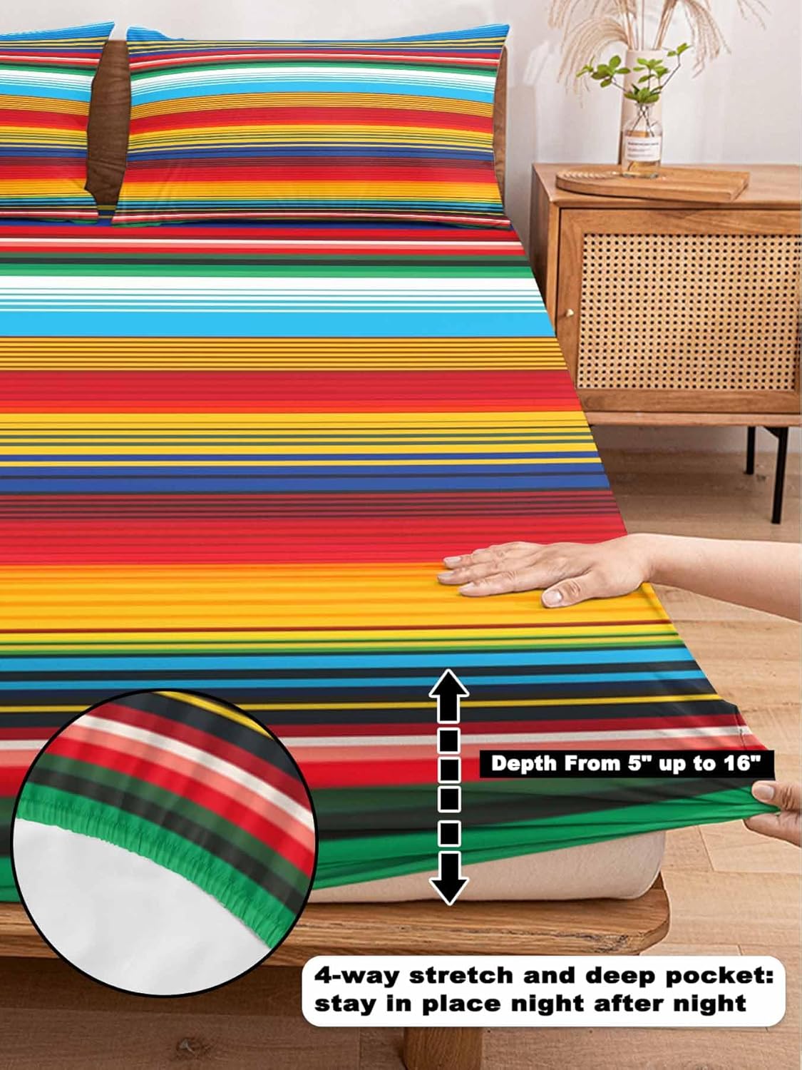 Queen Bed Fitted Sheets Mexican Colorful Stripe Bed Set with 16" Deep Pocket,Soft Microfiber Bedding Bottom Sheet with 2 Decorative Pillowcases