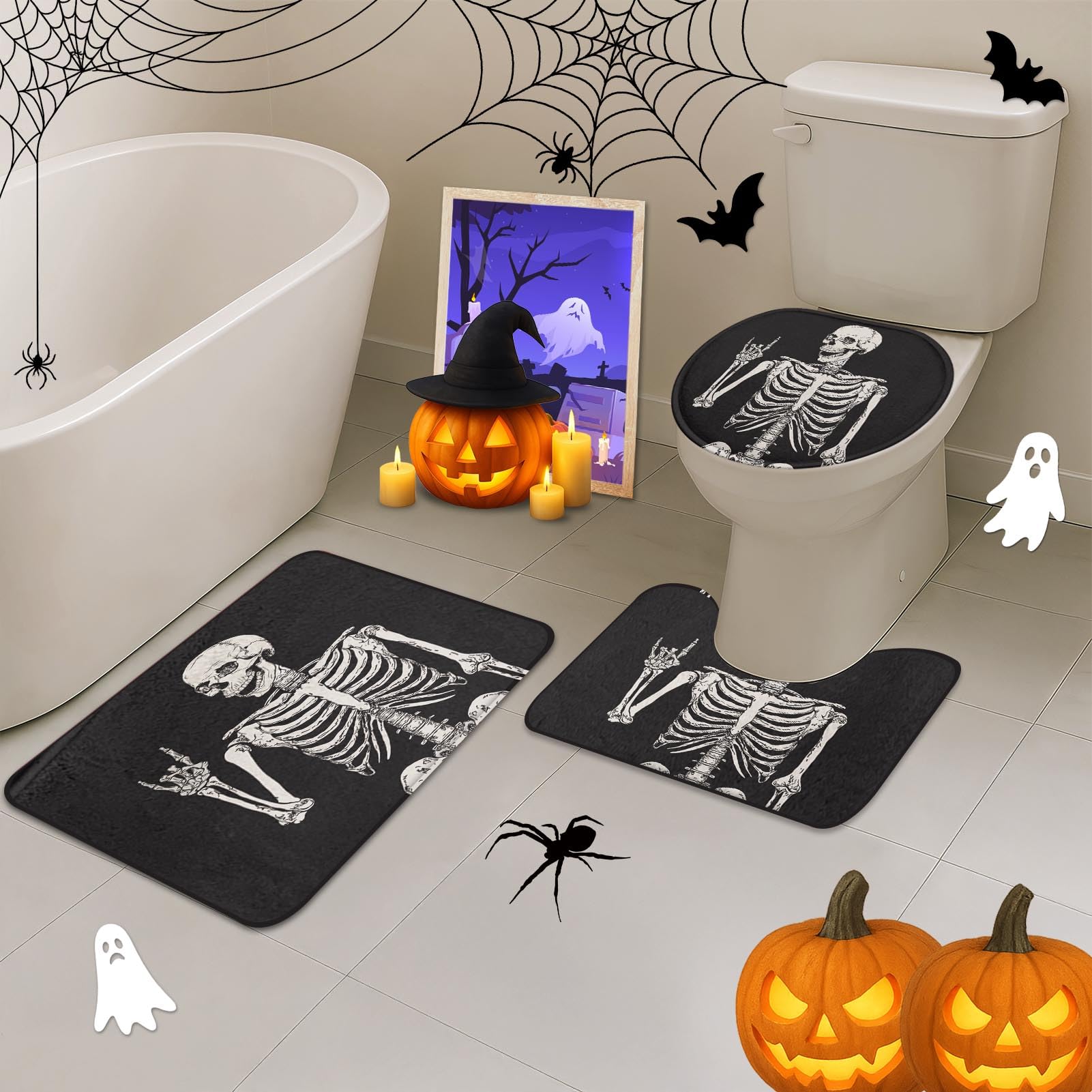 Juego de baño de esqueleto con cortina de ducha y alfombras, accesorios de calavera de roca de terror, retro, negro, cortina de ducha creativa para decoración de baño, 4 piezas 6