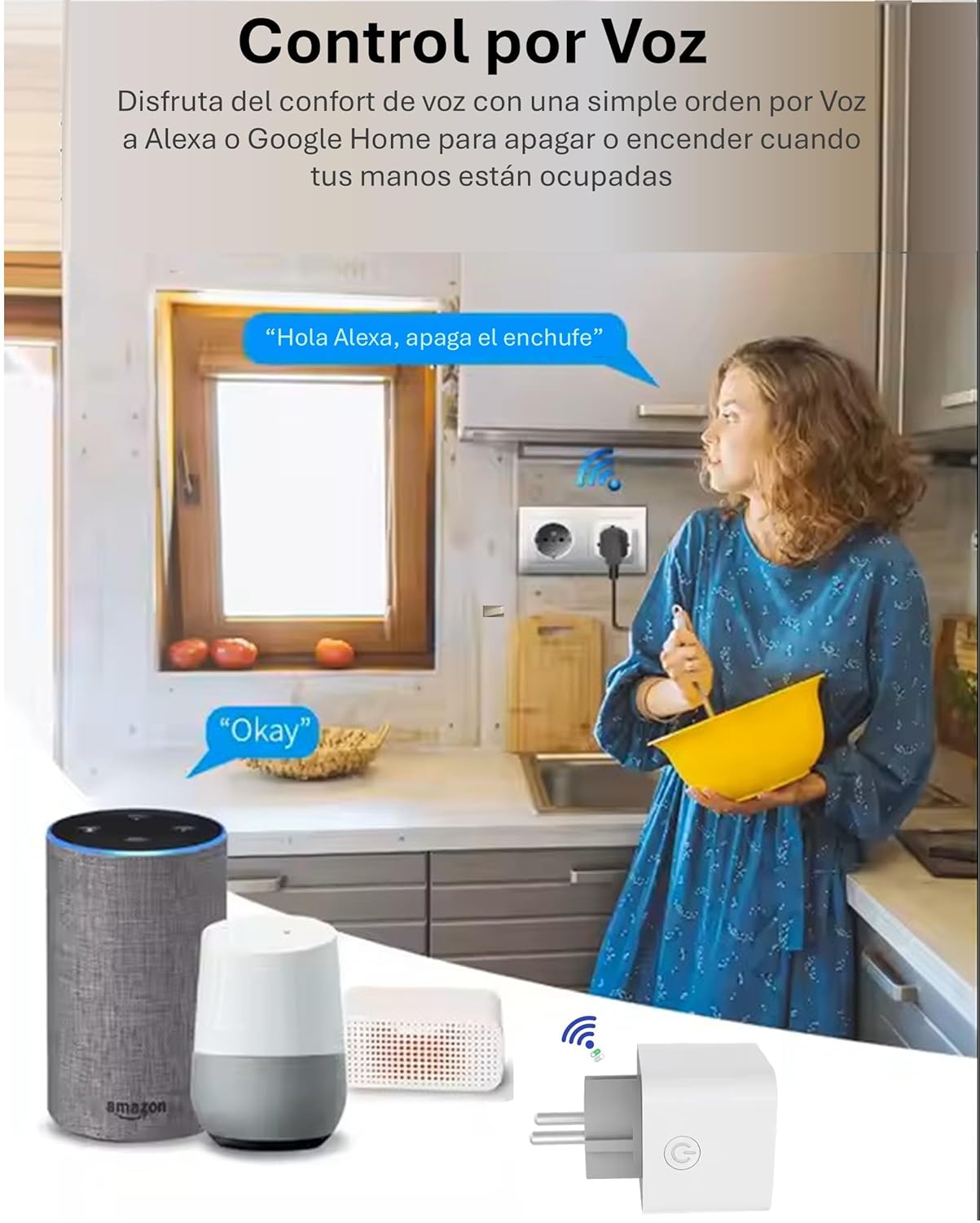 Kitchen scene with smart plug and voice assistants, demonstrating voice control