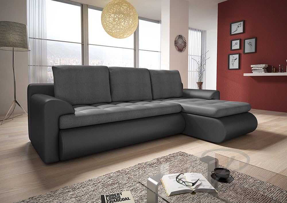 SolidFurnitureTJ CORNER SOFA BED SANTI in GREY, FABRIC & LEATHER, SPRING SEAT, RIGHT HAND SIDE