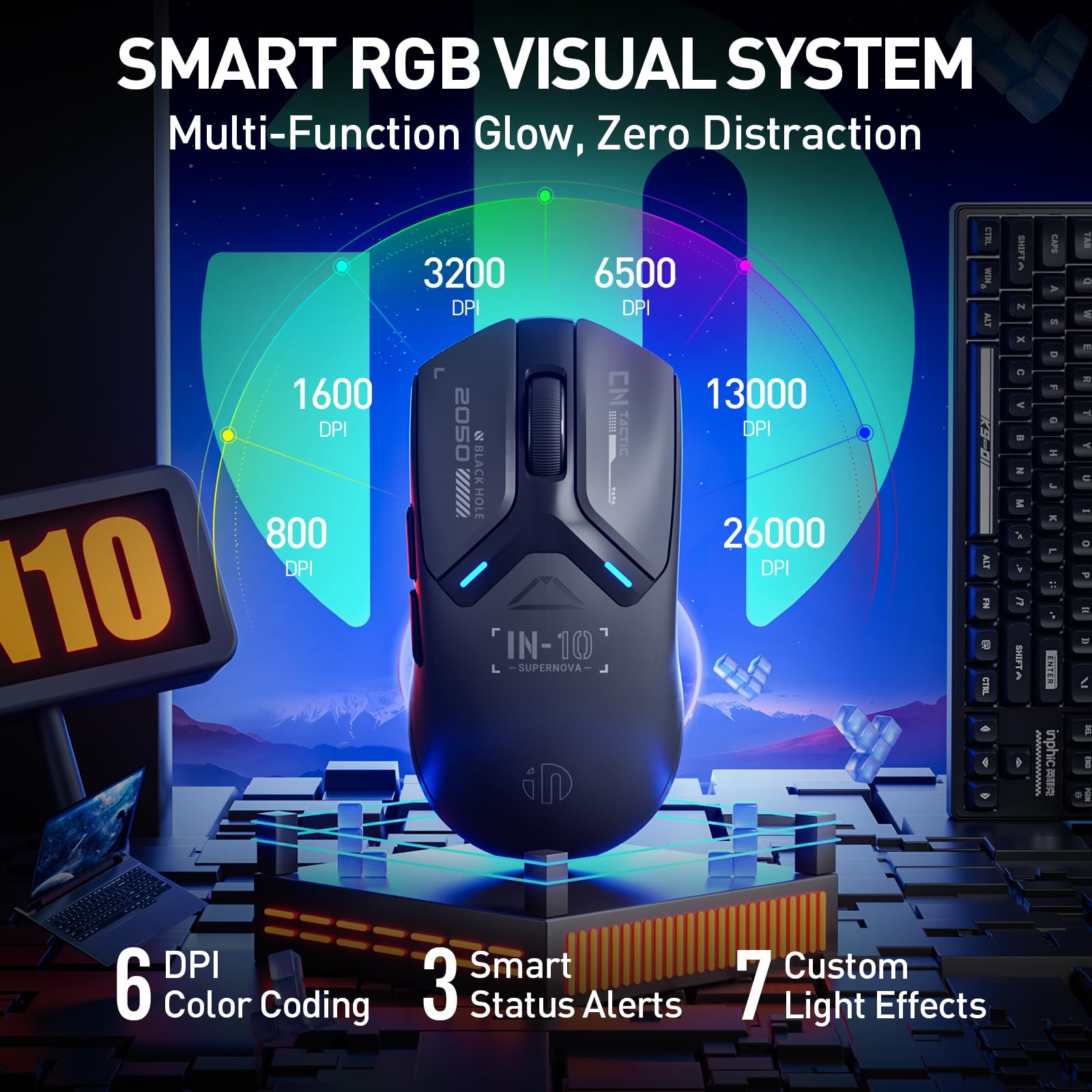 INPHIC IN10P - Mouse da gioco wireless superleggero, sensore 25K, 26.000 DPI, 5 pulsanti programmabili (IN10P-F)