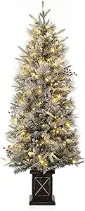 GAOMON 4.5ft Christmas Tree with 200 Warm White LED Lights, Pre-Lit Snow Flocked Christmas Tree with X Shape Potted Base, 8 Lighting Modes, Artificial Xmas Tree with Red Berries, for Home, Entrances