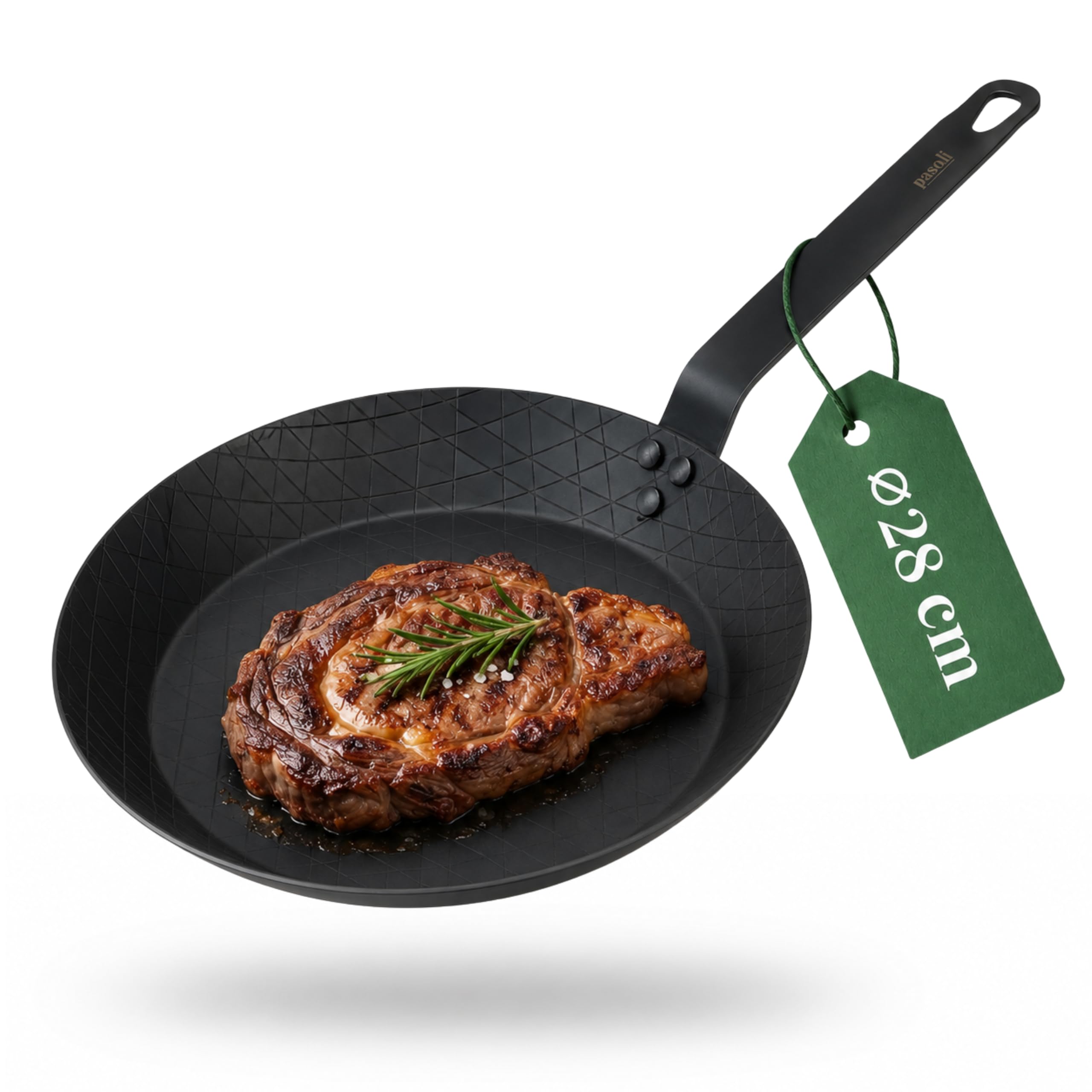 pasoli Carbonstahl Steak-Pfanne 28 cm – voreingebrannt, ohne Griffschutz, Induktion, Gas & Elektro kompatibel, kratzfest, ofenfest, Steakpfanne schwarz