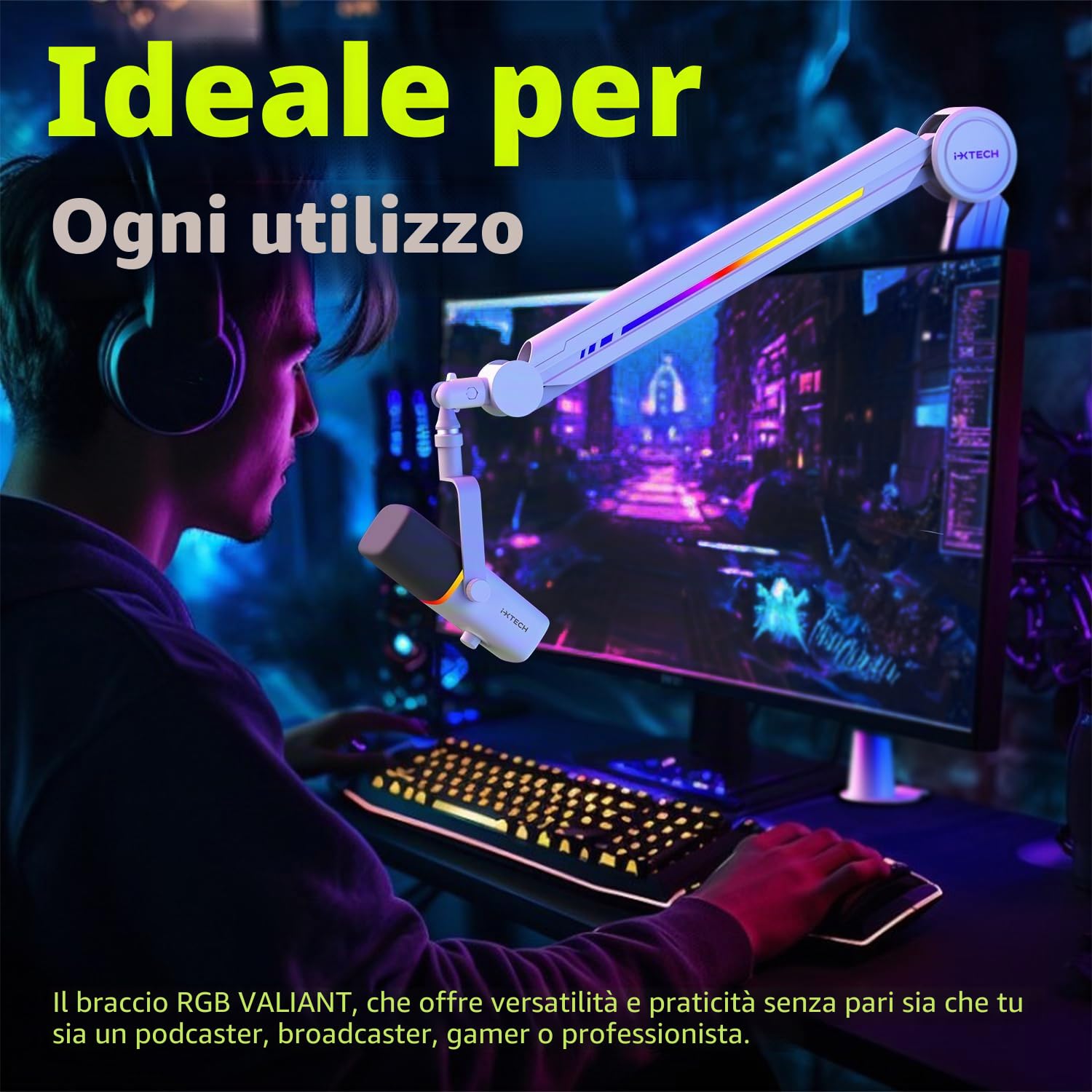 IXTECH Supporto per microfono RGB ad alto profilo, braccio per microfono da scrivania, supporto regolabile per microfono con supporto da scrivania, braccio per microfono per live streaming gaming