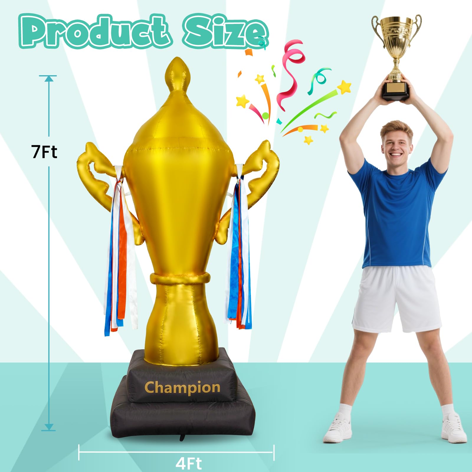 7Ft Gaint Golden Inflatable Trophy Champion Theme Party Decorations, Heavy Duty Blow Up Trophy Cup, Waterproof Inflatable Decor Large Trophy Supplies for Sports Competitions Award Celebration