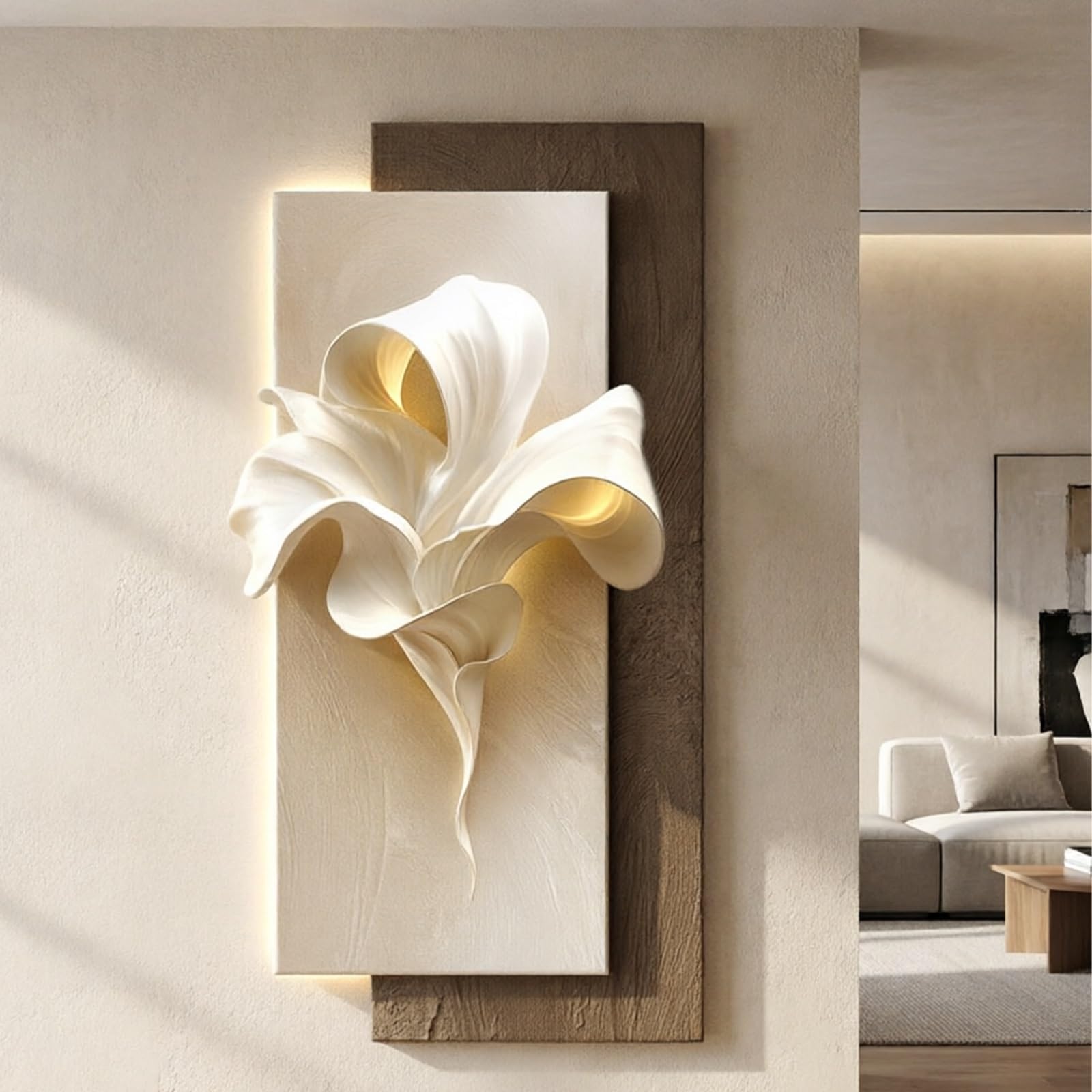 Modern 3D Layered Sandstone Texture LED flowers Wall Art Decor, Minimalist Abstract flowers Sculpture Decor Borderless with Warm Backlight for Bedroom Entrance Foyer(B,60*120cm/23.6*47.2in)