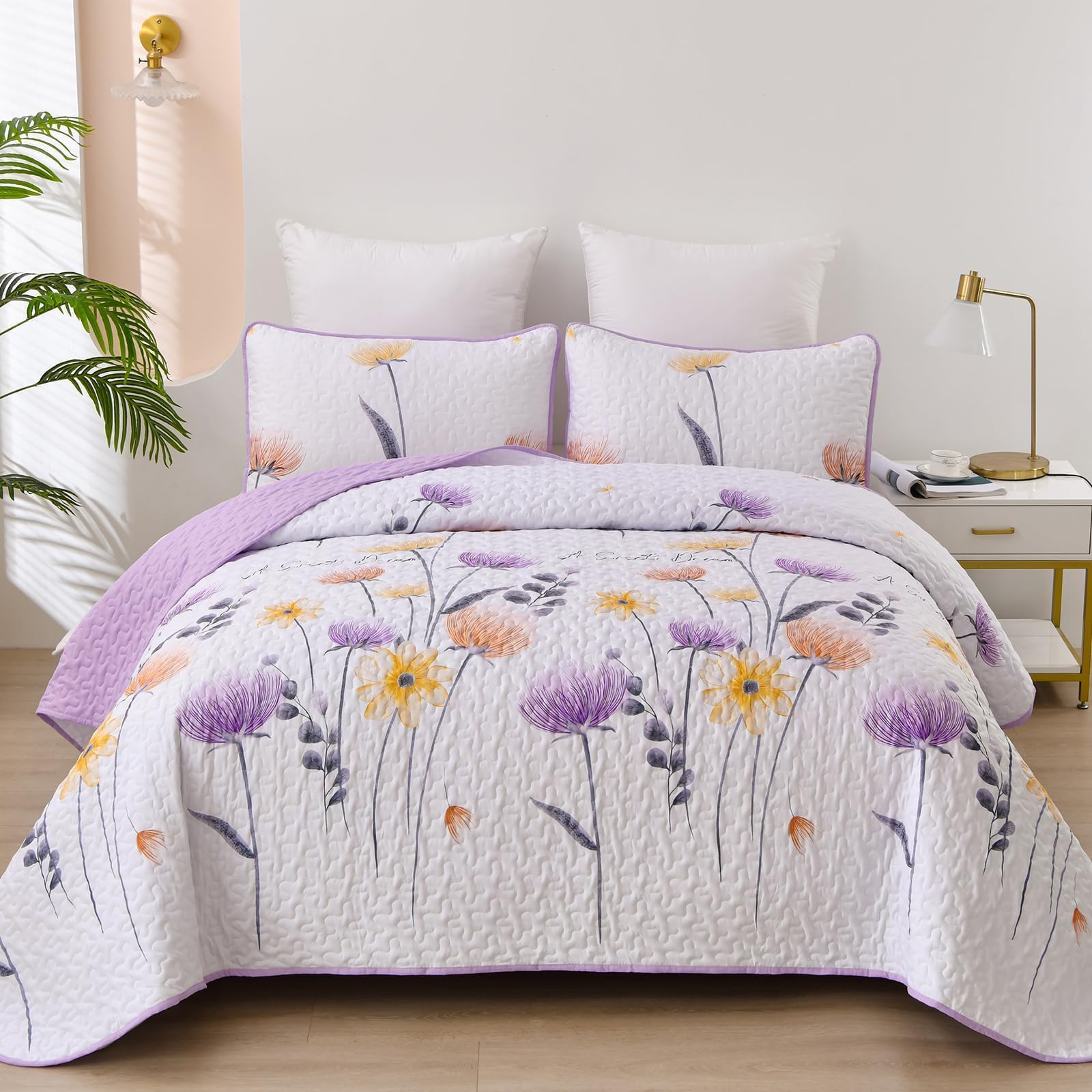 Dinjoy Floral Quilt Set Queen, 3 Pieces Purple Flower Bedspread Coverlet