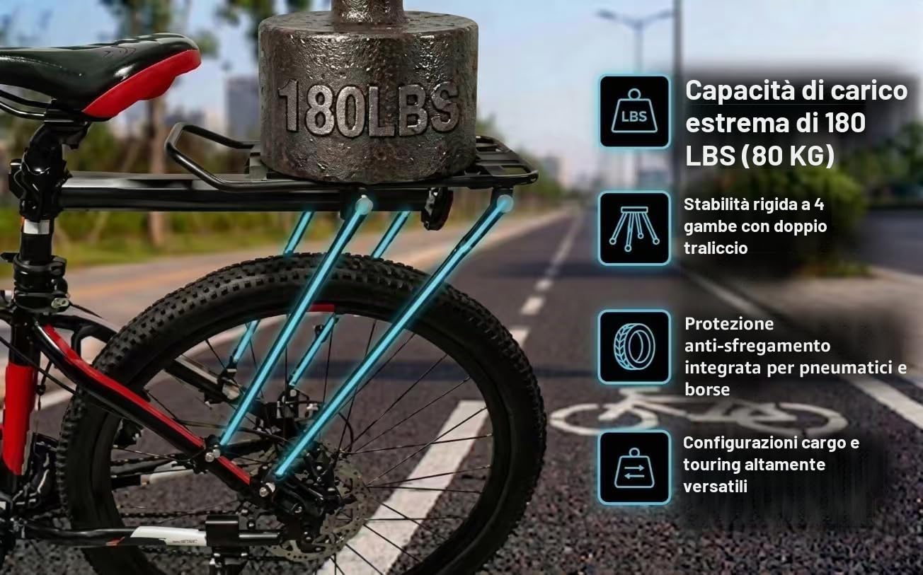 COMINGFIT® 4-Strong-Legs Portapacchi posteriore regolabile per biciclette, portata max 80 kg