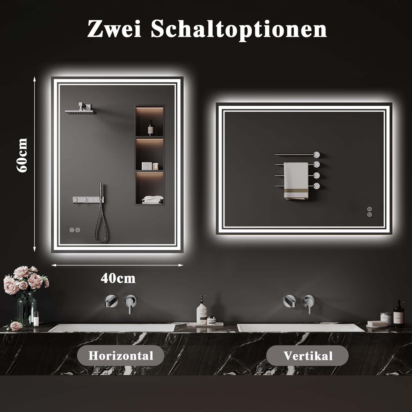Badspiegel-mit-Beleuchtung 40x60cm - LED Badezimmerspiegel Badezimmer Spiegel mit Beleuchtung, Beschlagfrei, Touch-Schalter, 3 Lichtfarben - Bad Spiegel mit Licht Horizontal/Vertikal