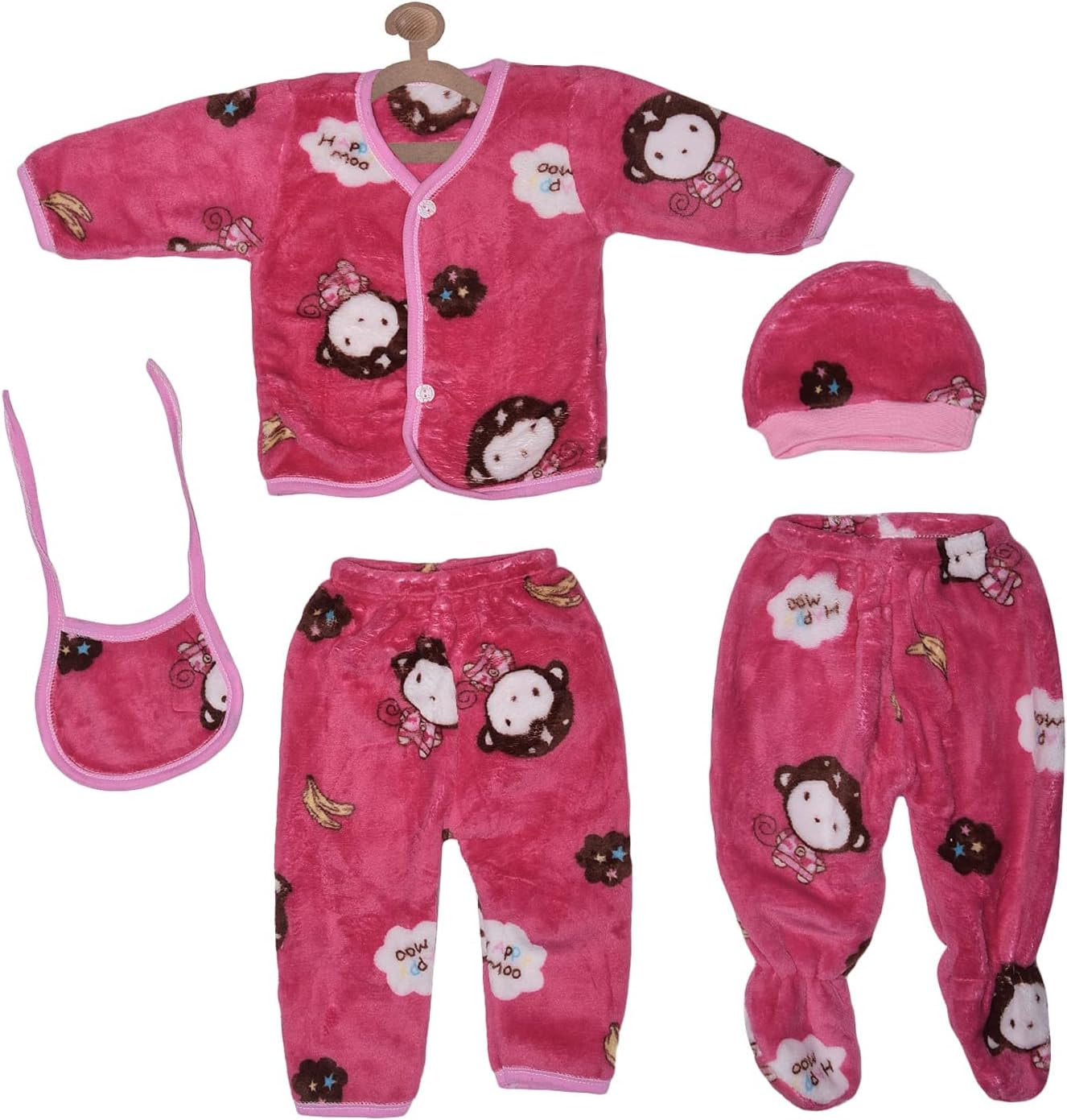 Newborn Baby 1 Baby Bib, 1 Baby Cap, 2 Baby Pajamas, 1 Upper Woolen Winter Wear Complete Clothes Set of 5 Pieces (Watermelon, Standard, 0-3 Months)