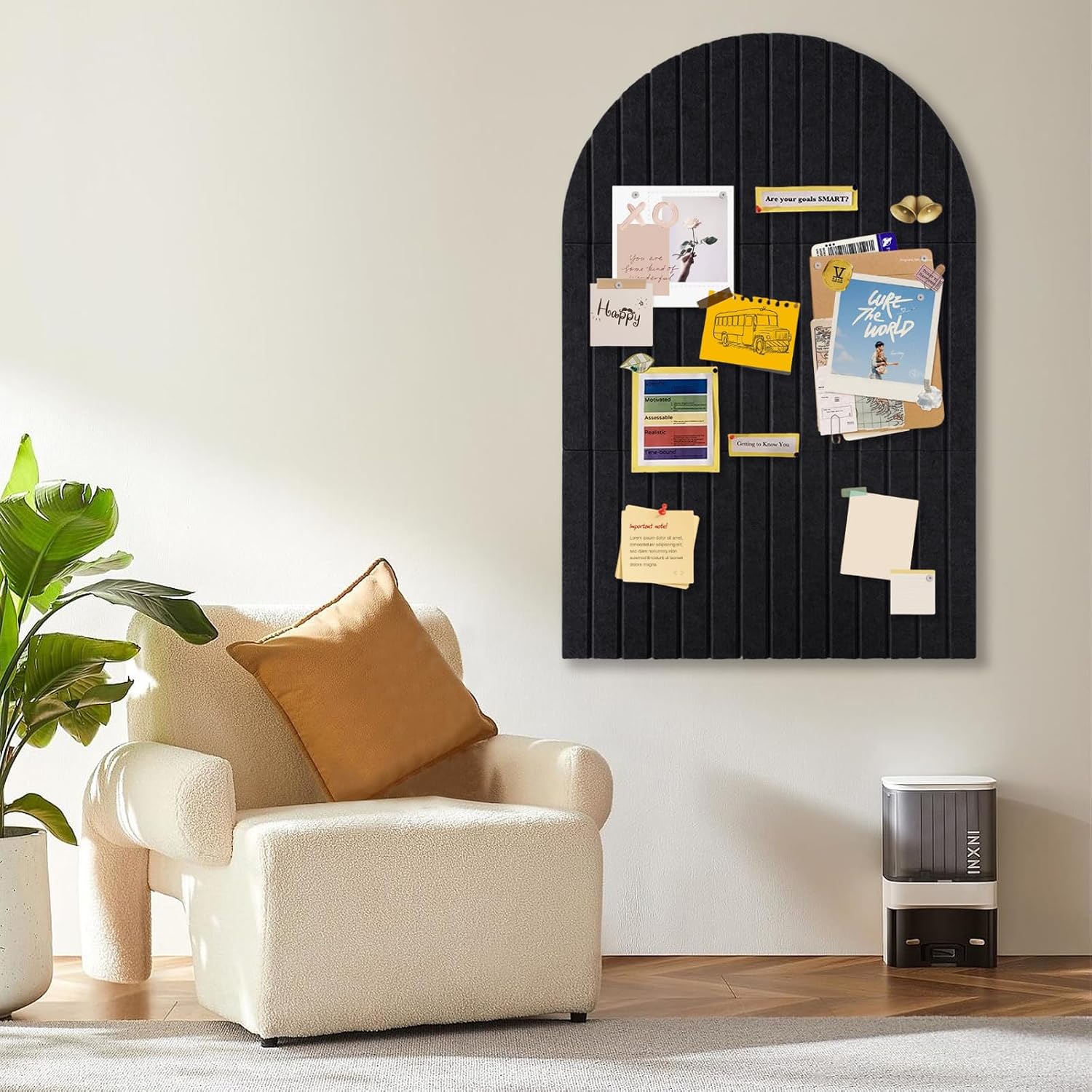 6 Pack Arched Felt Bulletin Board, 35" x 24" Large Black Pinboard with 30 Push Pins, Felt Pin Board, Self-Adhesive Cork Board Tiles for Home, Office Walls, School Classroom Message Photos Display