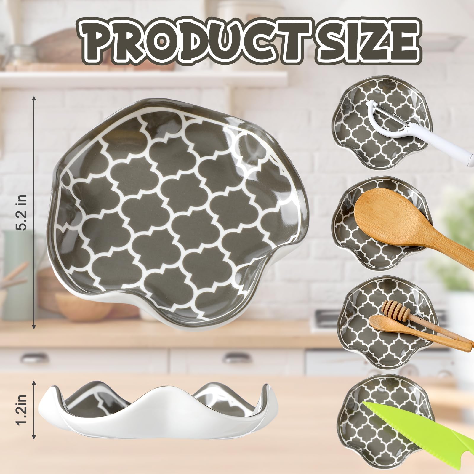 Honeydak Modern Spoon Rest for Kitchen Counter Grey and White Trellis Ceramic Cooking Spoon Holder for Stove Top 5. 2 Inch Geometric Utensil Spatula Rest Tray Kitchen Housewarming Gift