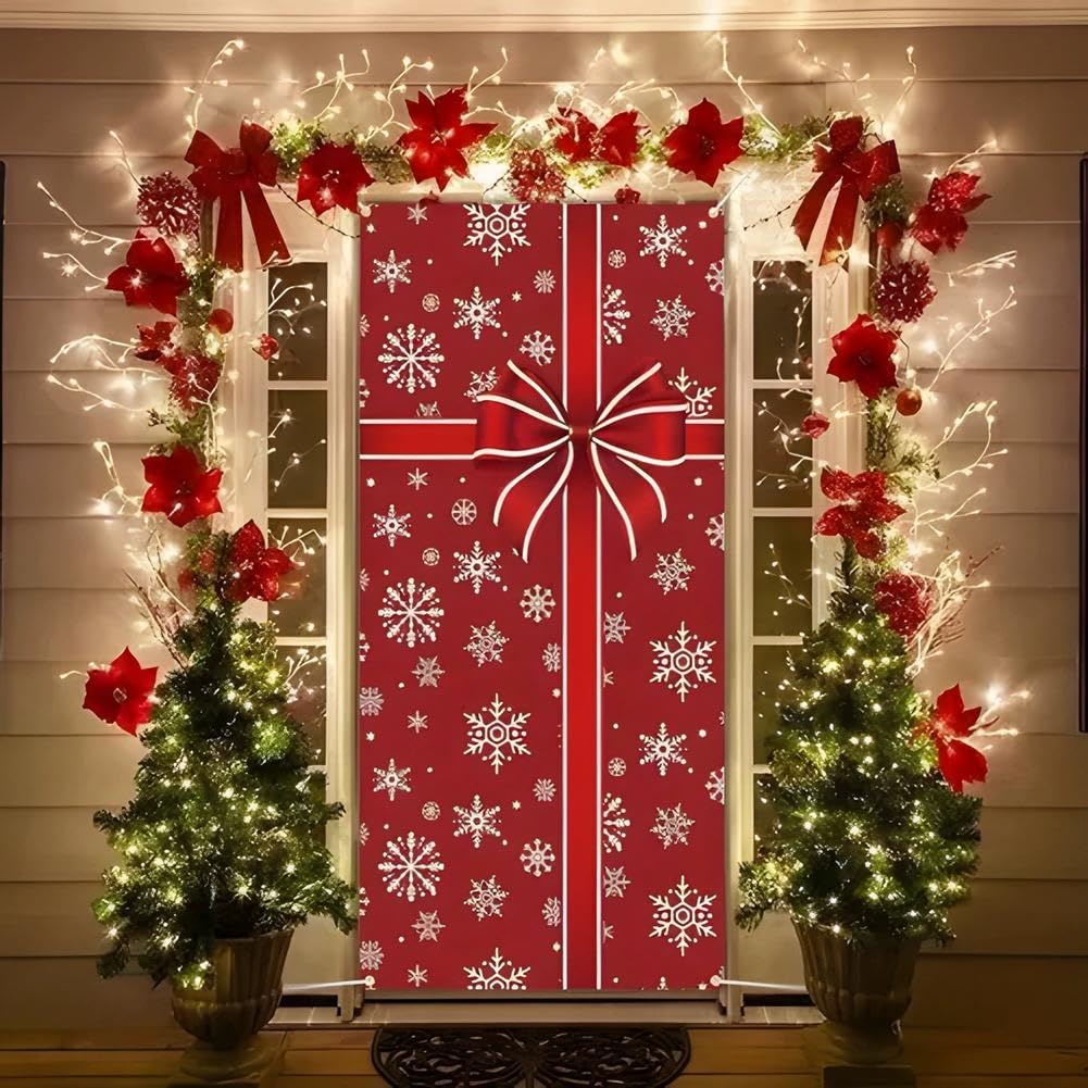 Christmas Door Cover with Elastic,35'' x 79'' Stretchy Cloth Front Door Cover Decoration Christmas Party Banner Supplies for Home, Office, Indoor & Outdoor Use