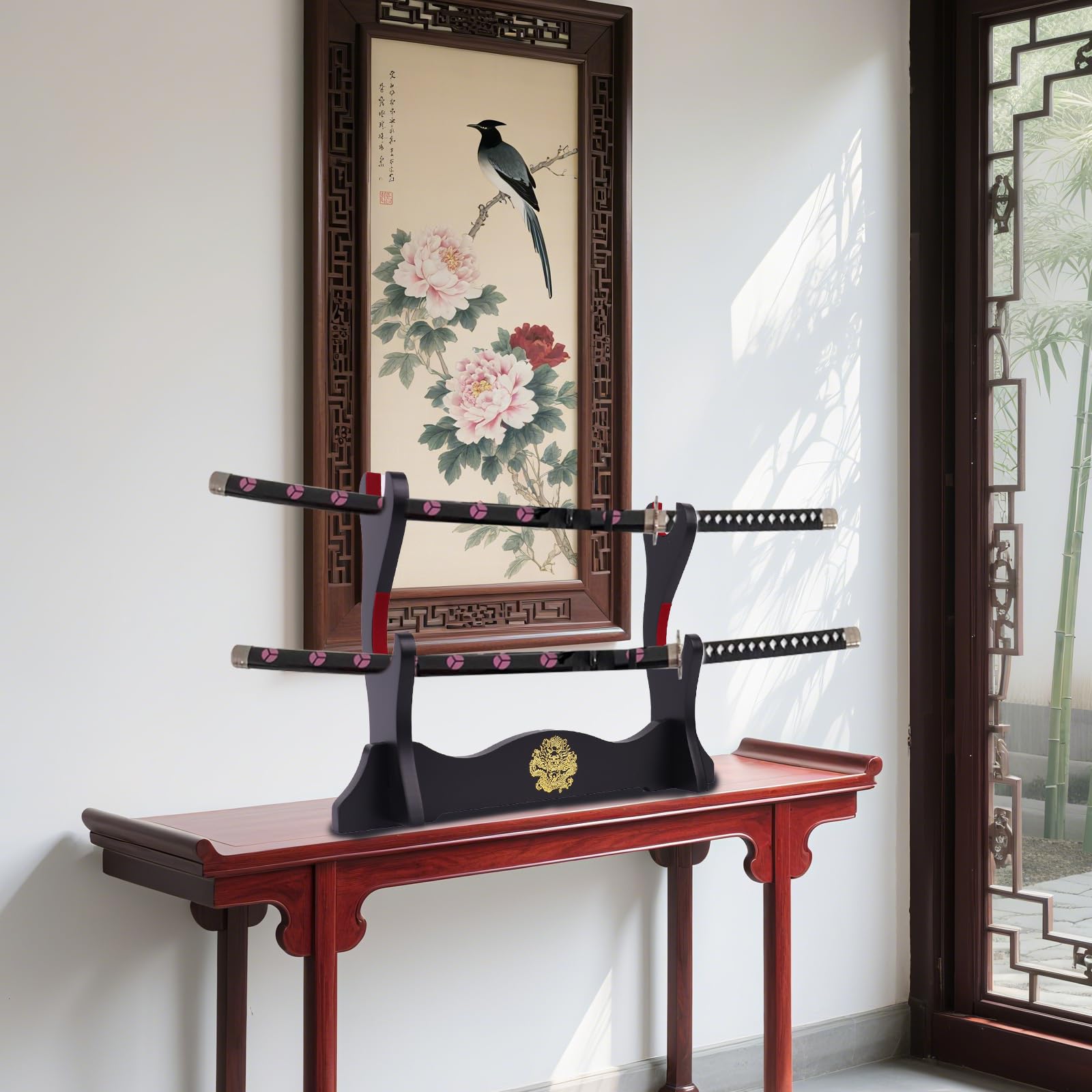 Schwerthalter japanischer samtgepolsterter Katana-Ständer Samurai-Ausstellungsständer unterstützt alle Schwerter Drachenmuster 2 Tier
