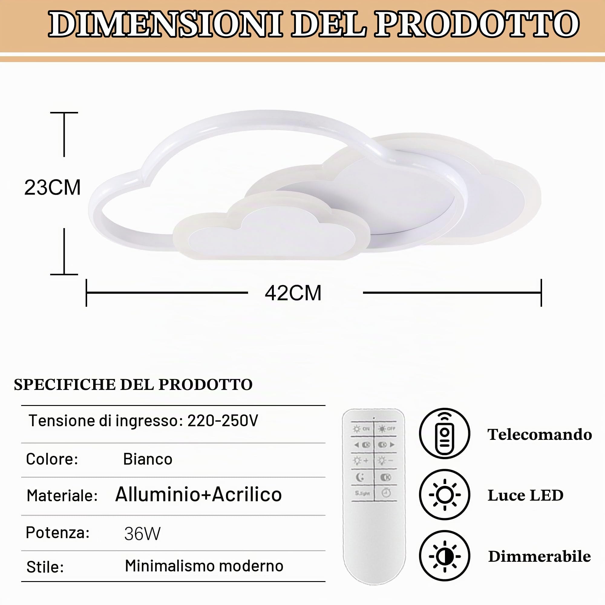 Plafoniera Creative Cloud Shape dimmerabile con telecomando, plafoniera in acrilico da incasso per soggiorno, camera da letto, corridoio e camera dei bambini, 42 * 23 cm 25 W, bianco