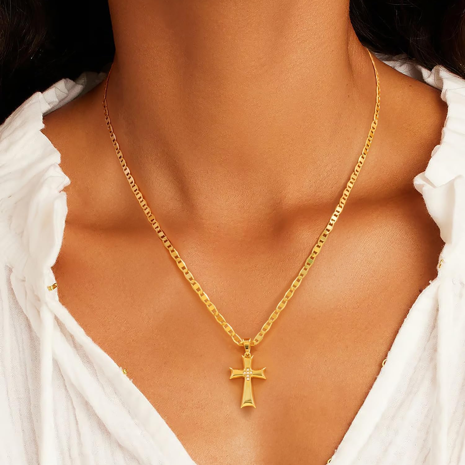 Cross Necklace for Women Gold Plated Cross Necklaces for Women Cubic Zirconia 14K Gold Plated Crosses Chain Necklace Pendant for Womens Mariner Chain Ribbon-Edge 48cm Womens Crosses Necklaces 24mm