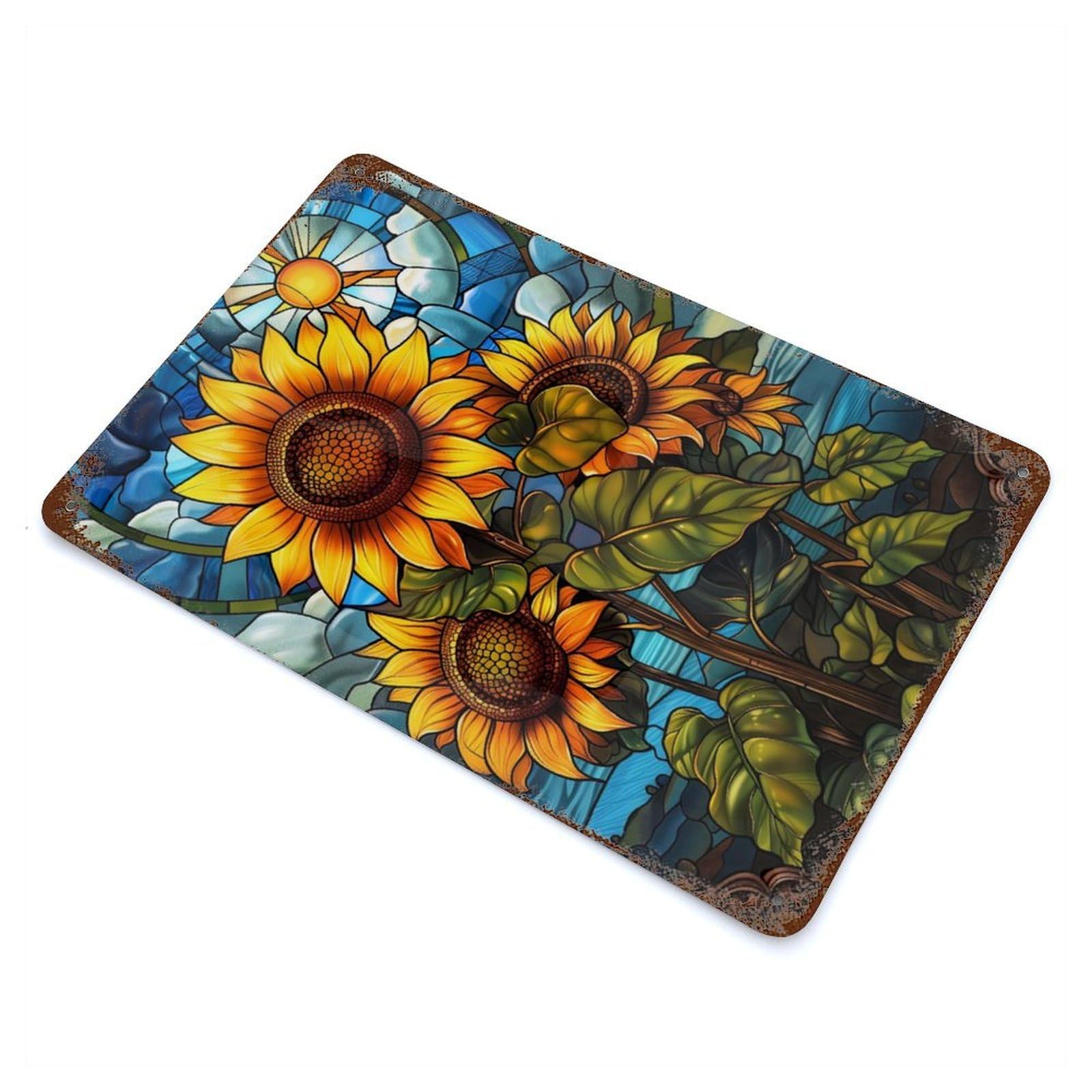 Sunlit Sunflowers Vintage Wall Sign 11.8"x7.9", Rust Effect Metal Decor for Cafe, Home Bar And Lounge Decor