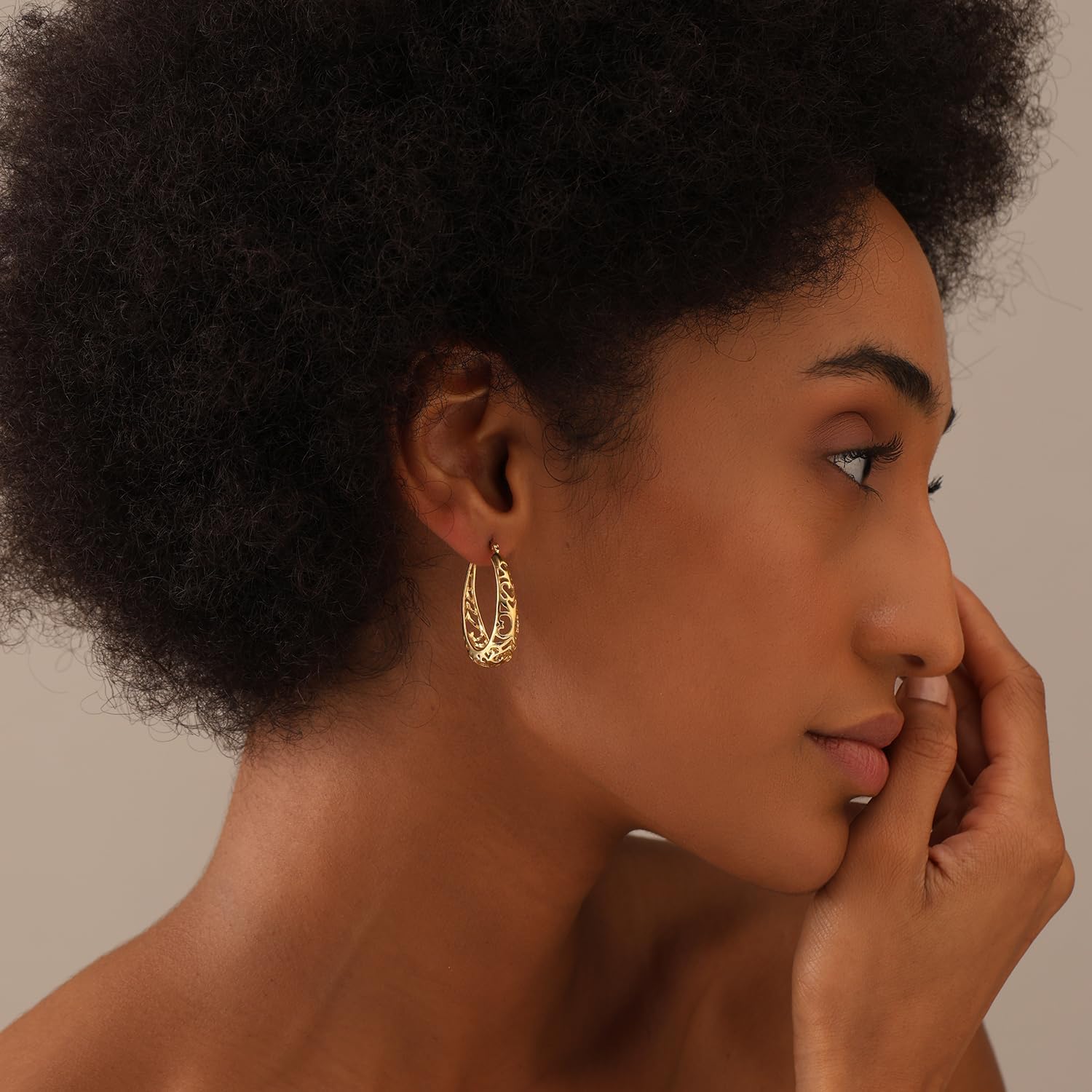 18K Gold-Plated 925 Sterling Silver Post Filigree Hoop Earrings for Women | Silver Post Oval Hoops Earring | Size 25mm, 32mm - Image 2