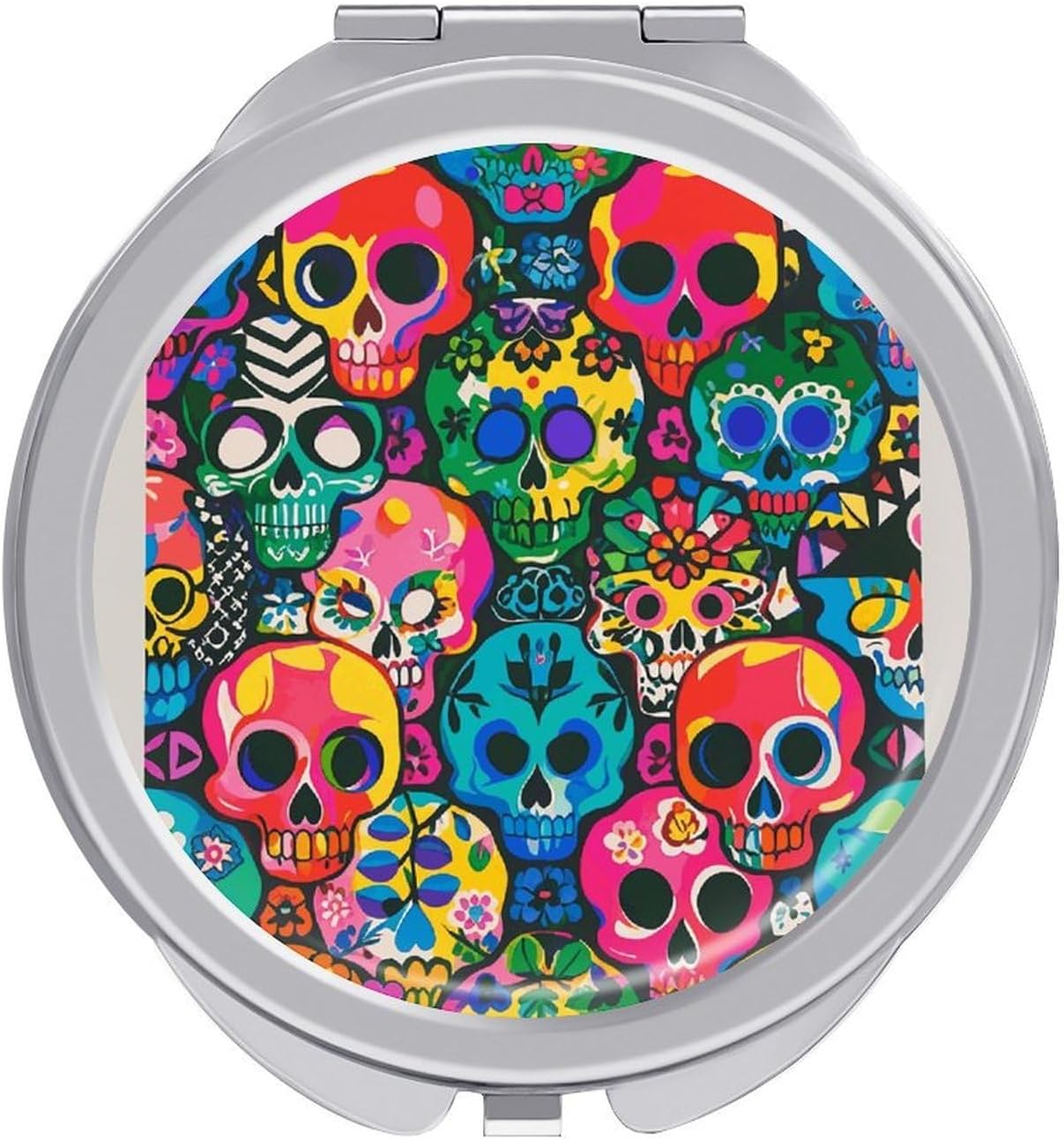 Colorful Skulls Print Makeup Mirror Lightweight Compact Mirror Portable Folding Travel Mirror 2-Sided Round Handheld Beauty Mirrors Mini Pocket Mirrors for Gift