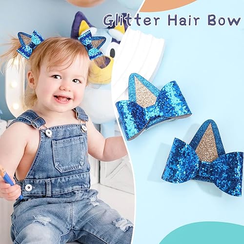 Miniatura 3 de 2 pares de orejas de perro azules y orejas de perro naranja para niños pequeños y adultos, lazos con purpurina para disfraz de Halloween, cosplay,