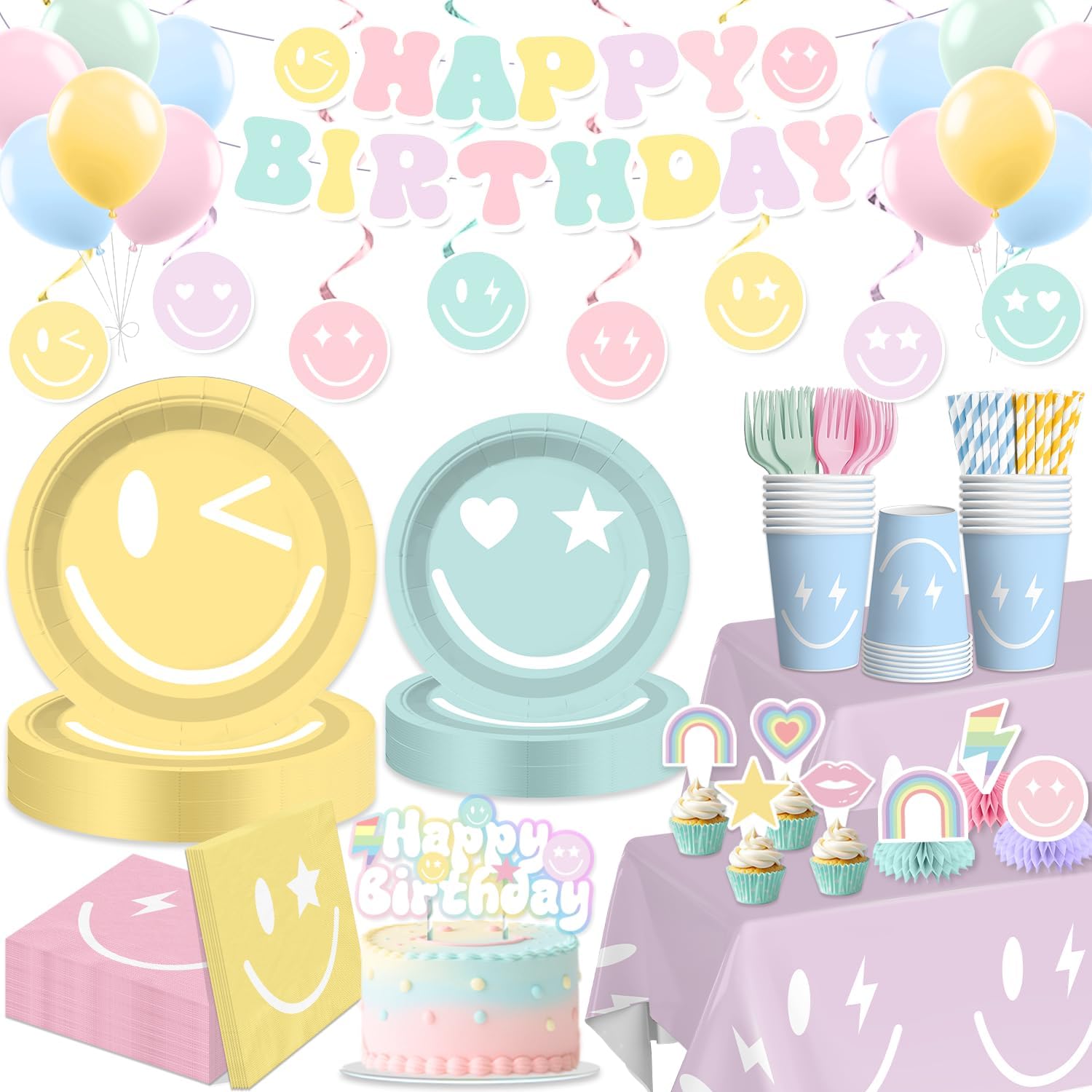 363Pcs Pastel Smiley Face Birthday Preppy Decorations