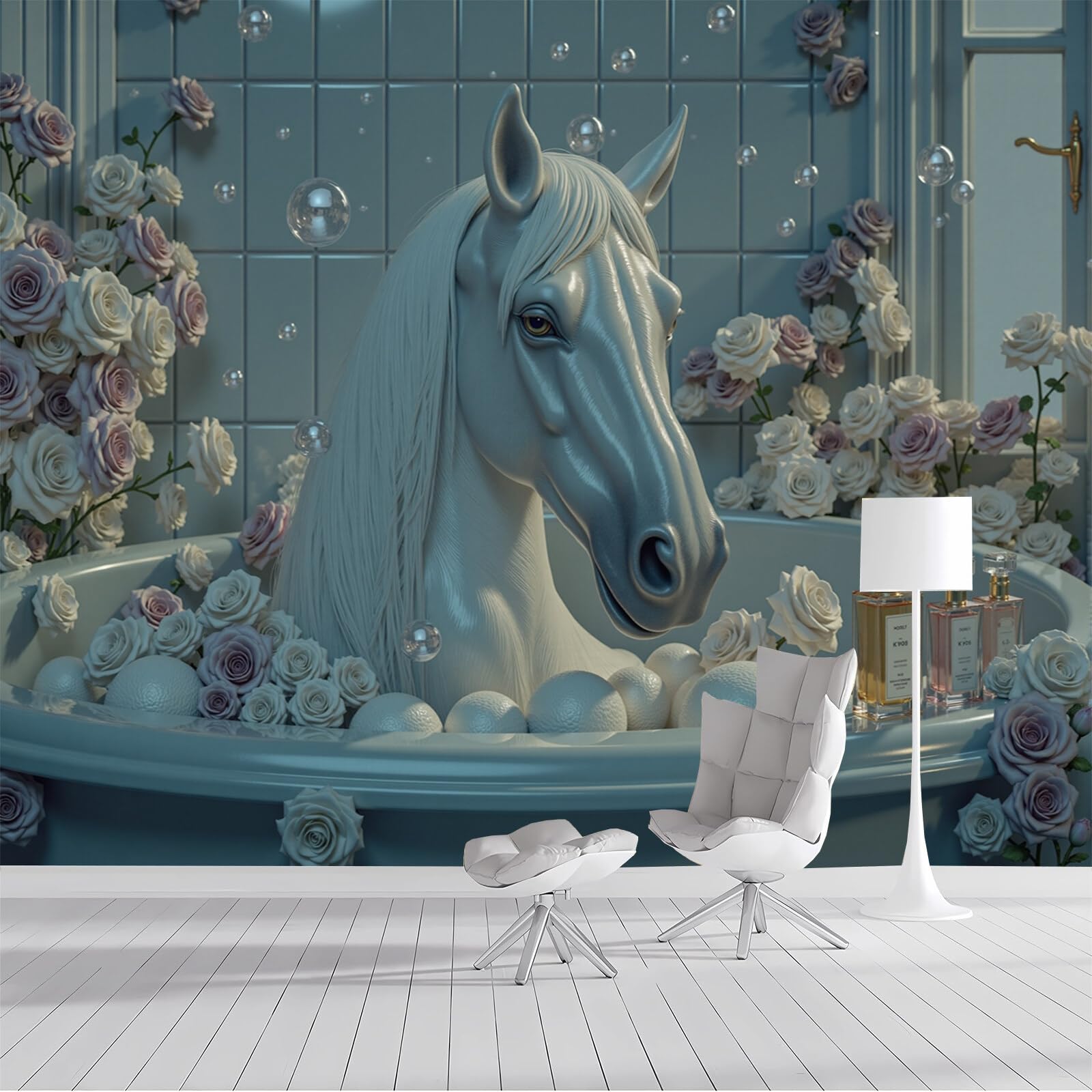 Papel pintado de seda caballo de bañera azul y blanco en fotomural XXL de 200x140 cm