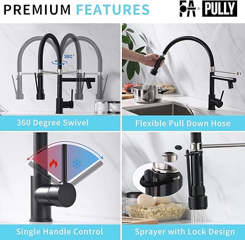 Miniatura 45 de Grifo de cocina dorado cepillado con rociador extraíble, grifos de fregadero de cocina de latón comercial de una sola manija con grifo de cocina