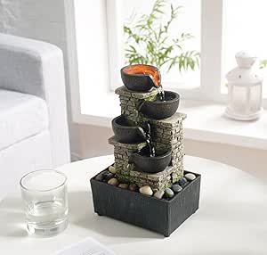9.3 Inches 4-Tier Cascading Bowl Indoor Waterfall Fountain - Relaxation Meditation Tabletop Fountain With LED/Rocks for Home/Office Decoration