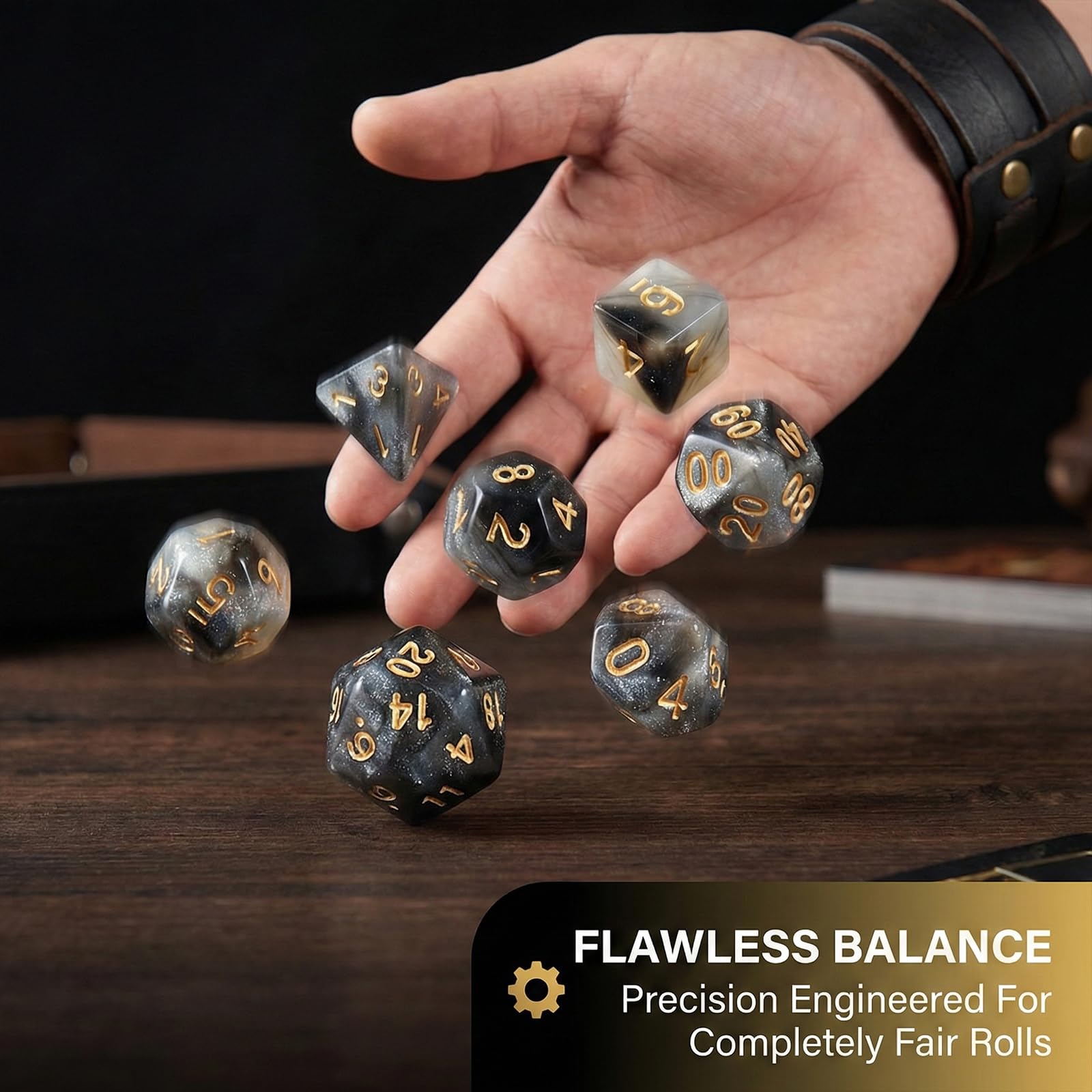 Juego 7 dados DND para Dungeon and Dragons, D&D, juegos rol, Pathfinder, juegos mesa - dados poliedros en tonos negros transparentes - combinación colores en negro, blanco y dorado