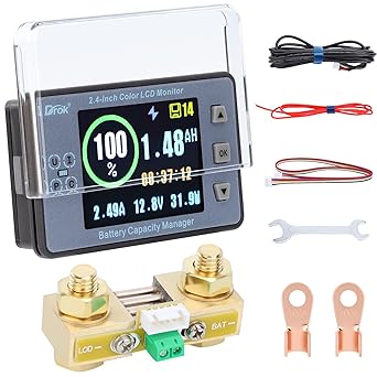 DROK Coulometer, DC 8-100V 100A Battery Monitor 12V 24V 36V 48V 60V Volt Amp Watt Meter, 2.4 inch LCD Color Screen Capacity Percentage Time Power Voltmeter Ampmeter for RV Solar Panel Battery Charge