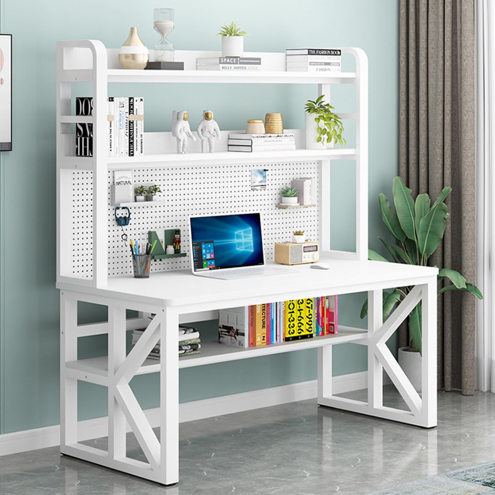 SXZenSpace Modern White Computer Desk with Storage Shelves & Pegboard Large Study Writing Workstation Table for Home Office (39")