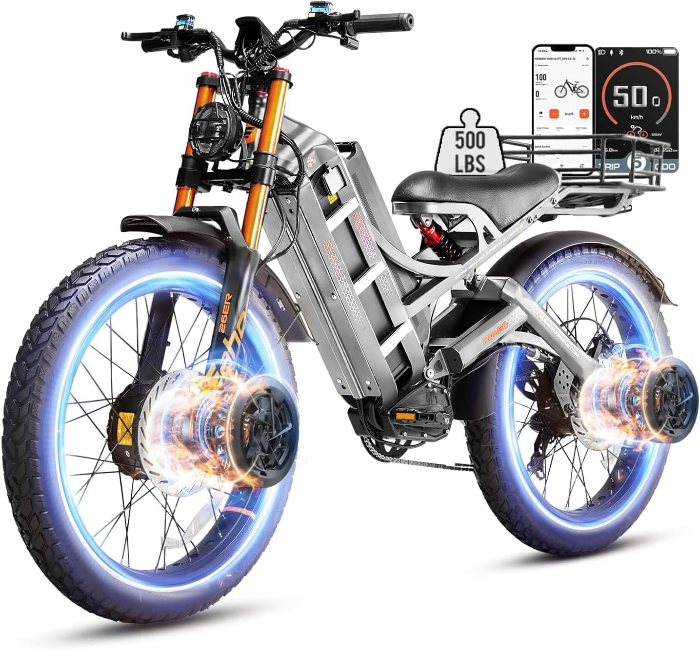 eAhora 2026 Romeo Electric Bike - Adults 40-50MPH 2500W/5600W Dual Motor 60V 80AH 250Miles Long Range Ebike, 26" Fat Tire Fast Electric Mountain Bike Full Suspension Off-Road E-Bike