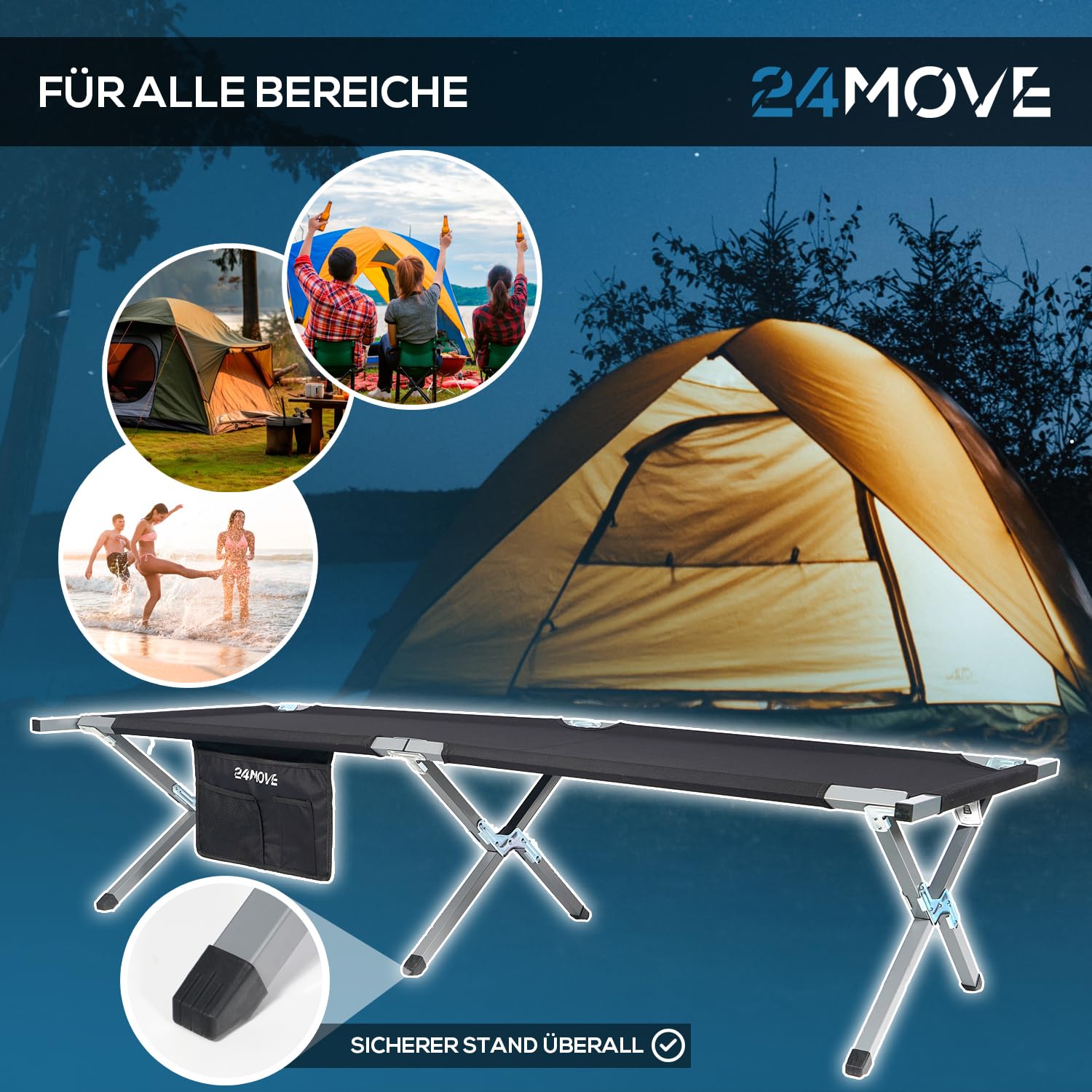 24MOVE® Feldbett Campingbett bis 200 kg In-und Outdoor Camping faltbar, 210 x 72 x 45cm, tragbar mit Tasche, für Garten oder Reisen