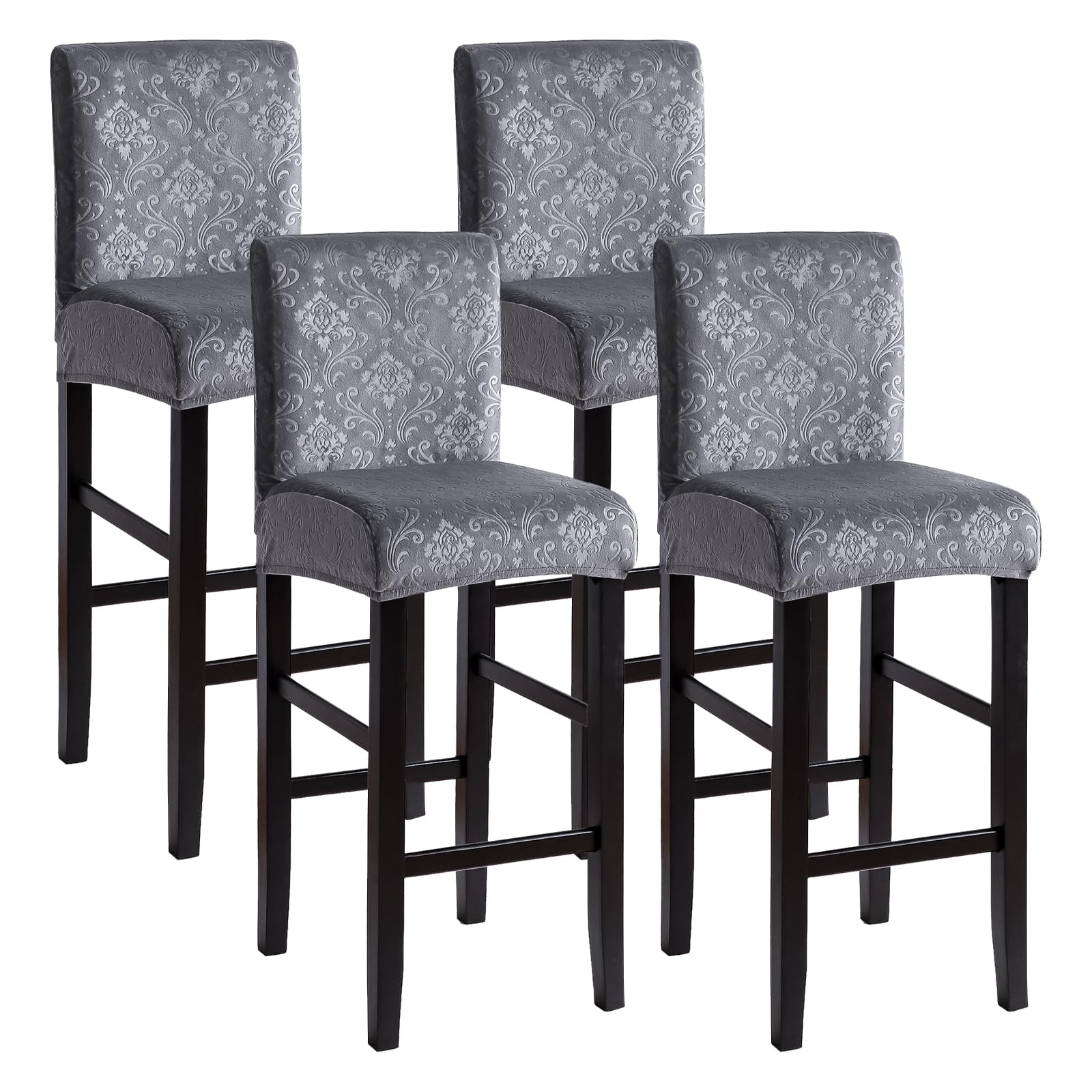 FORCHEER Velvet Bar Stool Chair Cover with Backs Set of 4 Dark Grey Embossed Dining Chair Barstool Slipcover Square Removable Washable