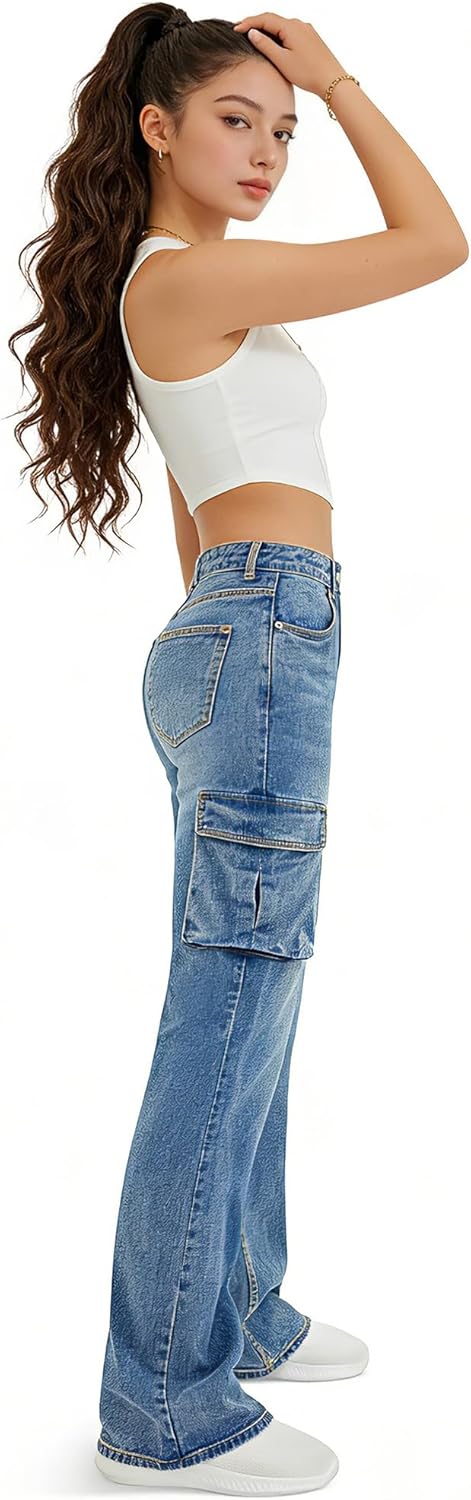Women's High Waisted Cargo Jean Straight Wide Leg Jean Casual Baggy Denim Pants with 6 Pockets - Image 6
