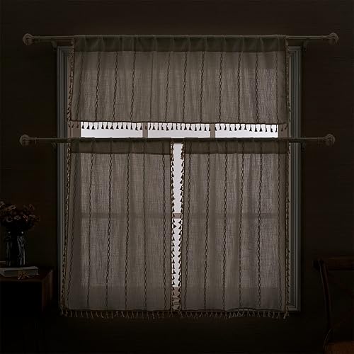 Vista 3 de RoomTalks White Boho Kitchen Valances for Windows Rod Pocket 18’’L x 52’’W Embroidered French Striped Modern Farmhouse Chic Textured Tassel Curtain