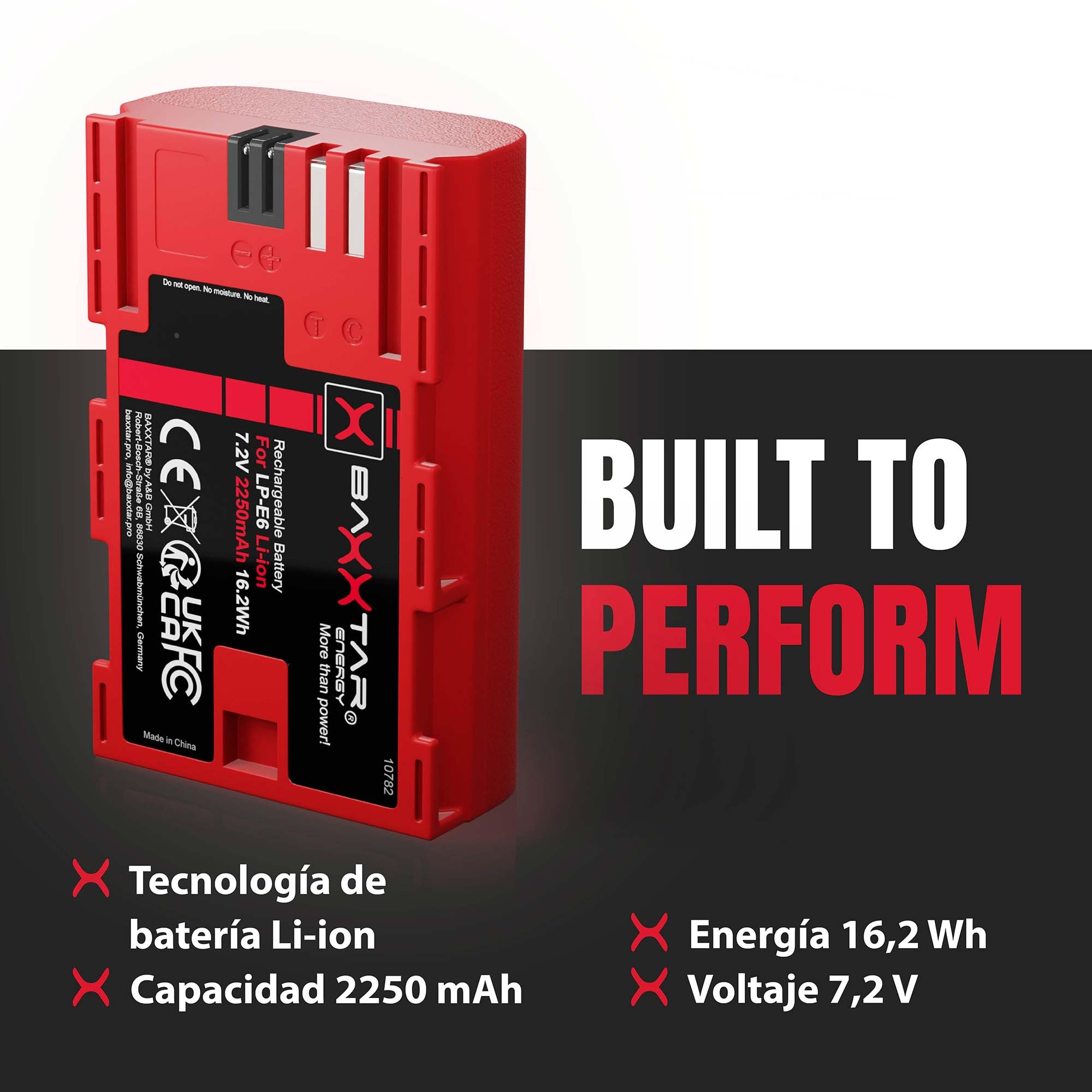 Baxxtar LP-E6 Batería 2250mAh 16,2Wh 7,2V Compatible con Canon EOS 5D Mark II III IV 5DS R R5 6D 7D 60D 60Da 70D 80D 90D XC10 XC15 5 6 7 60 70 80 90 D XC 10 15 WFT-E5 E7 LPE6 LP E6