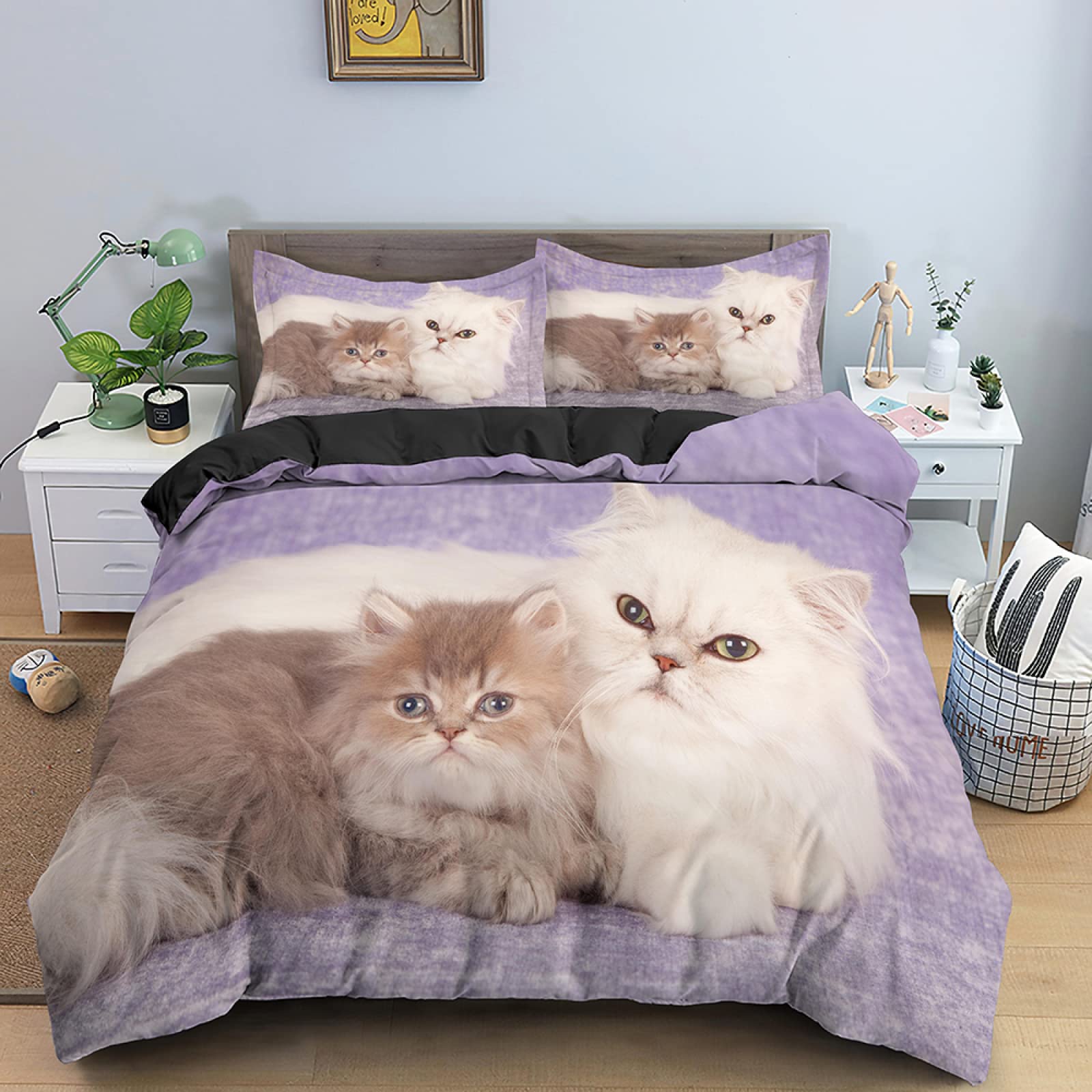 Parure de lit enfant chat avec housse de couette 90x190 et taie d'oreiller 65x65