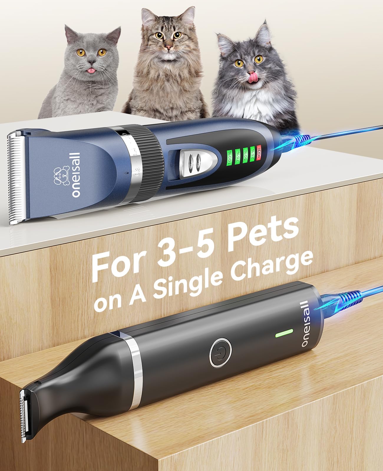 oneisall Rasoio per gatti per peli opachi, kit 2 in 1 per la toelettatura dei gatti, silenzioso, senza fili, per la toelettatura, per cani e gatti