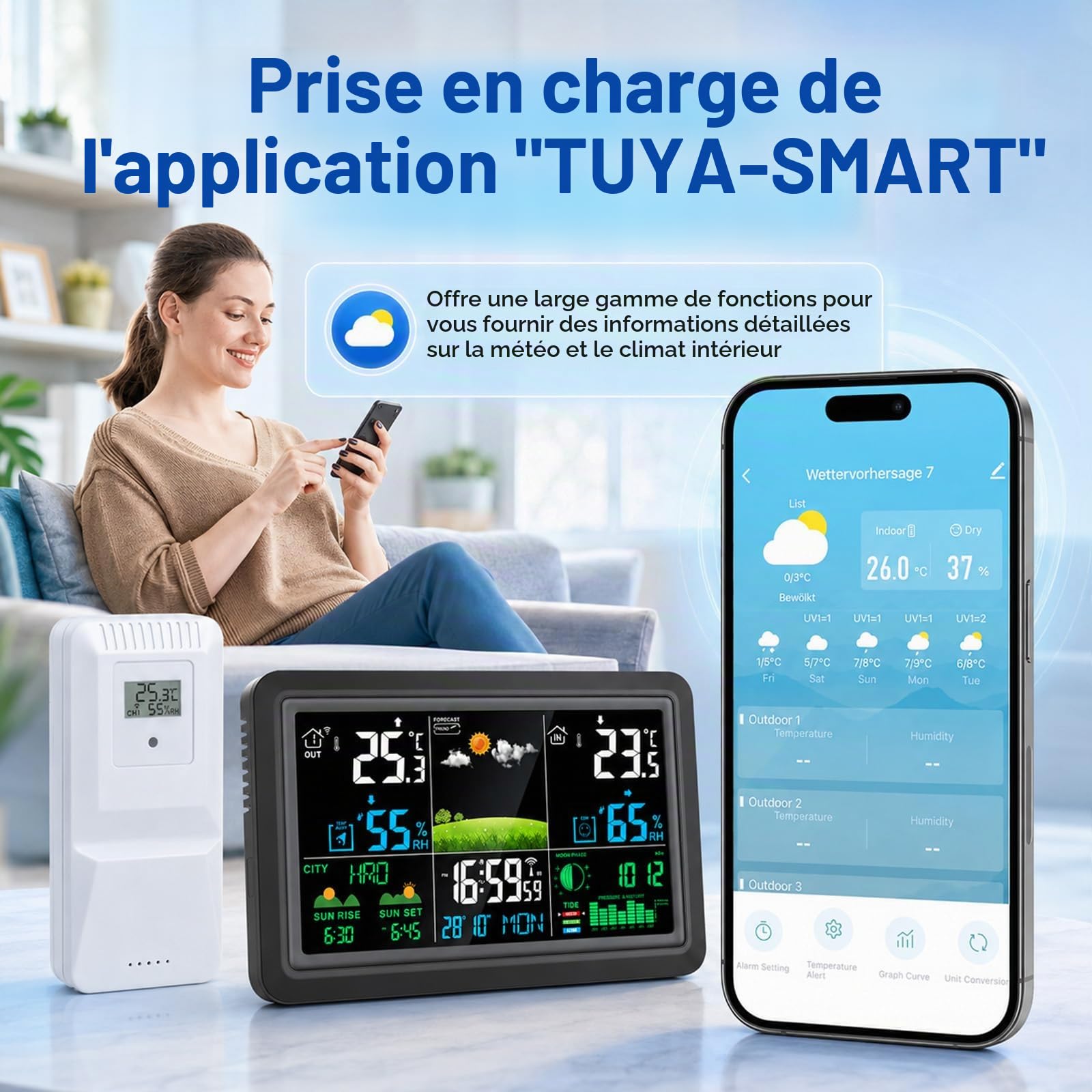 Station Météo Connectée Avec 3 Capteur Extérieur | App Tuya Et Smartlife Contrôle,Alarme,Réveil,Lcd Coloré,Prévision Météo,Station Météo Sans Fil Pour Interieur&Exterieur,Noir
