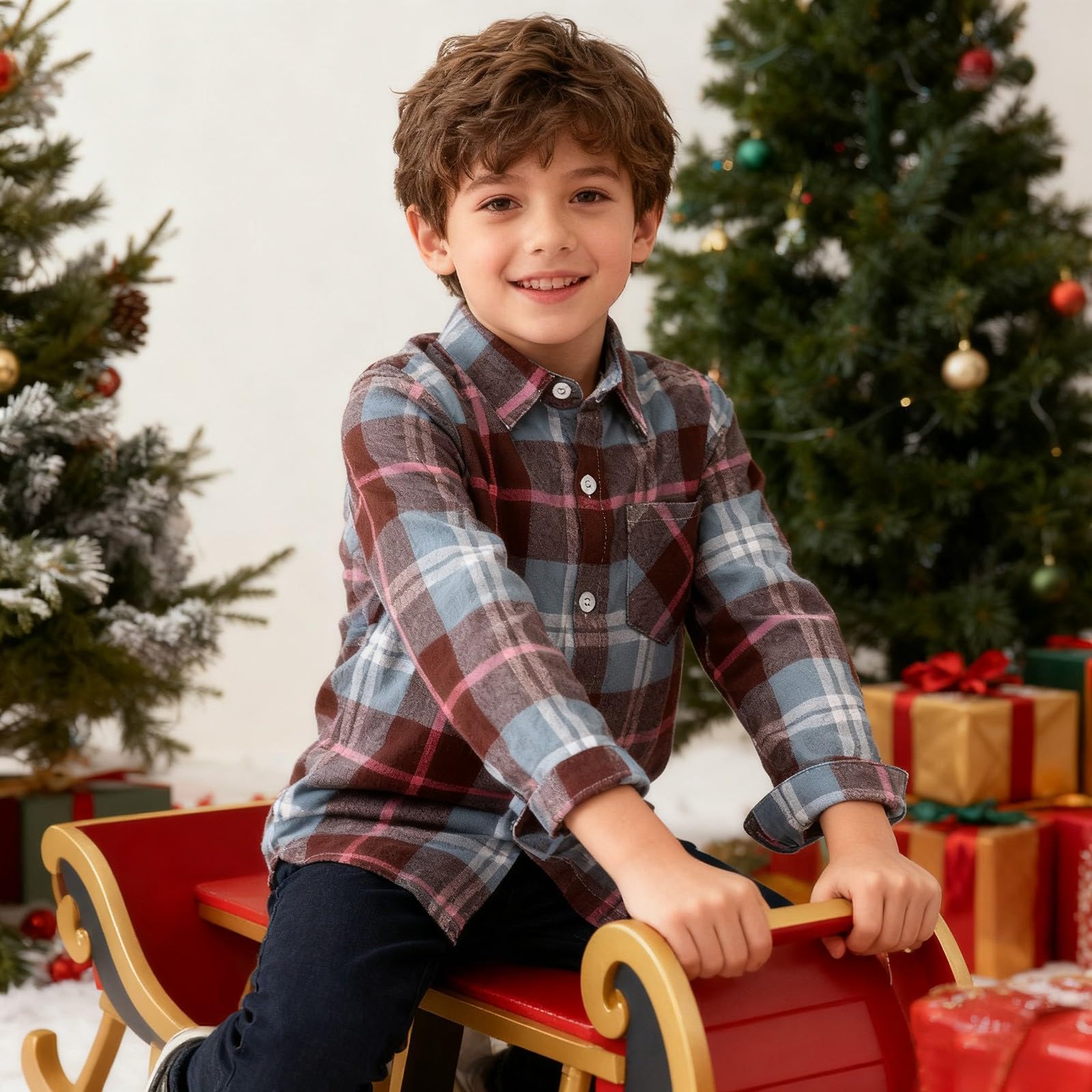 Camisa clásica de manga larga a cuadros para niñas y niños, camisa clásica con botones, para la escuela, casual, para niños, para día a día festivo