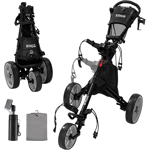 Tivor 3 Wheel Golf Push Cart, Lightweight Push Cart Golf One-Click Folding, Adjustable Height Pushcart for Golf Bags, Compact Design for Ladies, Junior Golfers
