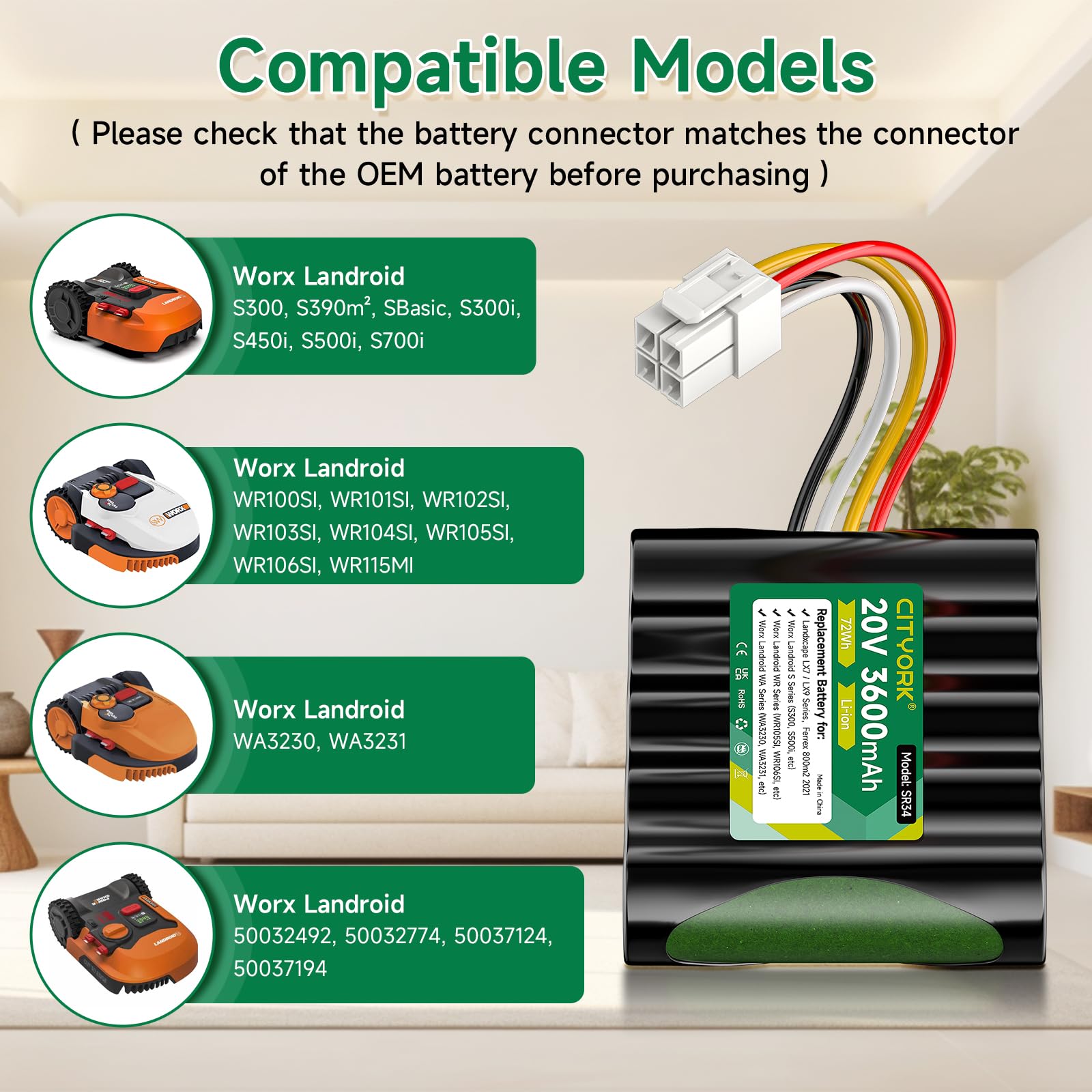CITYORK Batería de 20 V para Worx Landroid S300, S390m2, S Basic, S300i, S450i, S500i, S700i, para WR100SI, WR101SI, WR102SI, WR103SI, WR104SI, WR105SI, WR106SI, WR115MI, para Worx WA32 30, WA3231