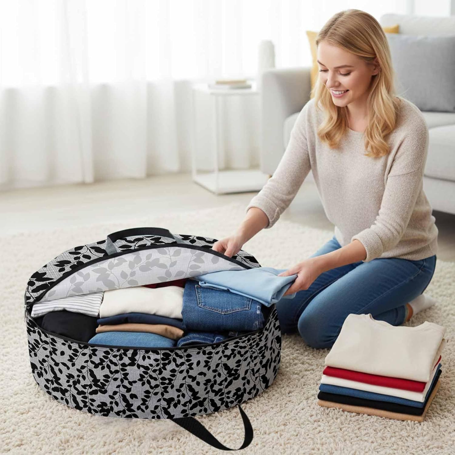 Storage Bag Branch Leaves Round Storage Totes Bins Closet Organizers with Zippers & Handle Plant Black Clothes Storage Container for Bedroom Dorm Space Saving Packing Supplies Moving Bags